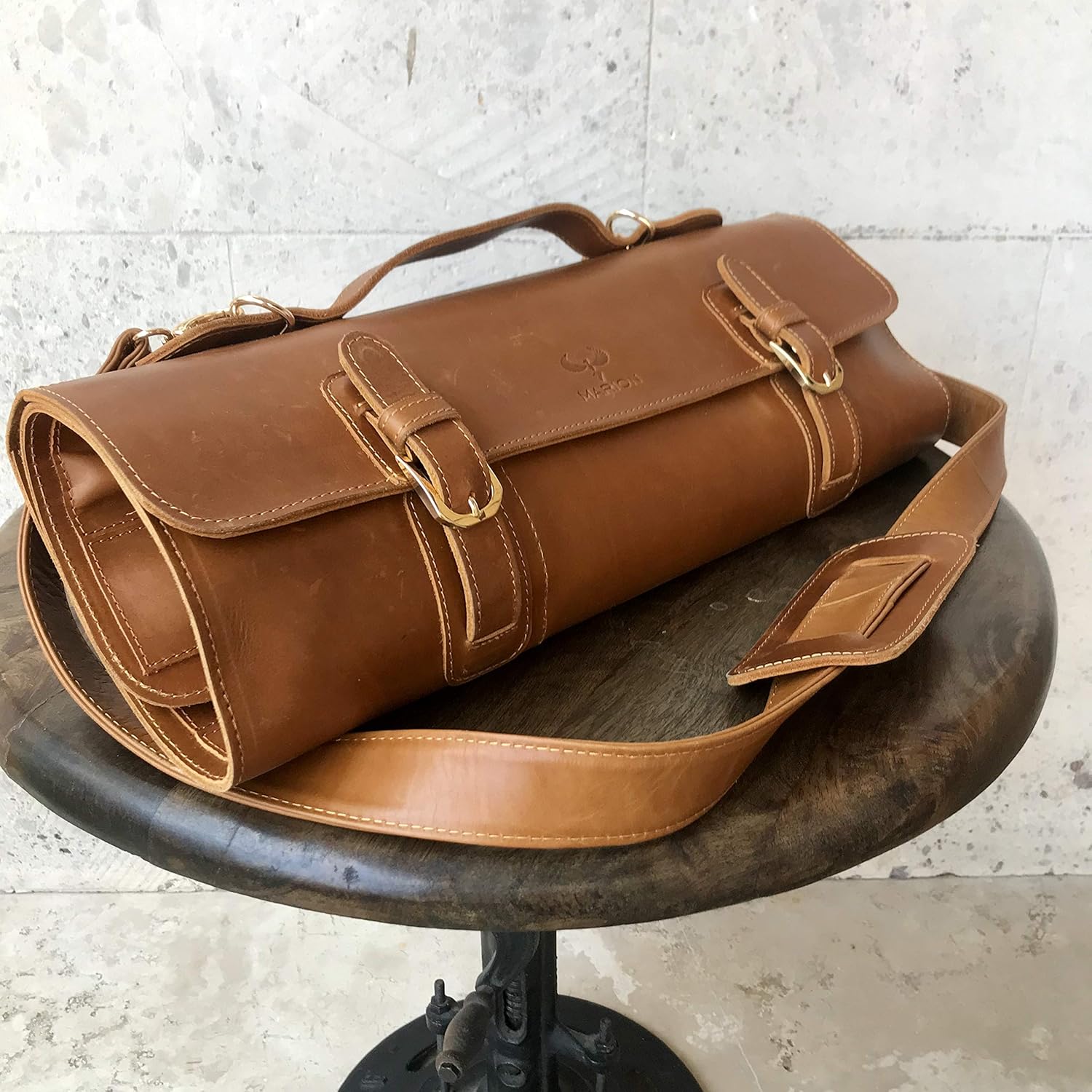 MARION - LE KANGOU - Genuine Calf Top Grain Leather - Handcrafted Professional Chef Knife Storage Roll Bag - 8 Pockets - Detachable Shoulder Strap - Zippered Interior Pocket: Home & Kitchen