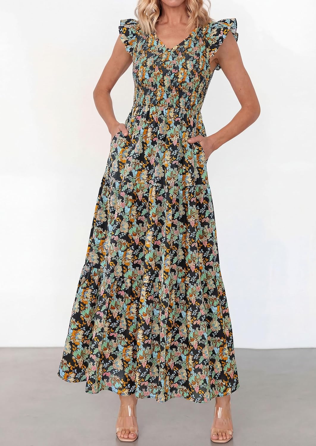 PRETTYGARDEN Women's Boho Floral Maxi Dress 2026 Summer Smocked V Neck Ruffle Sleeve Spring Flowy Beach Vacation Sundresses - Image 3