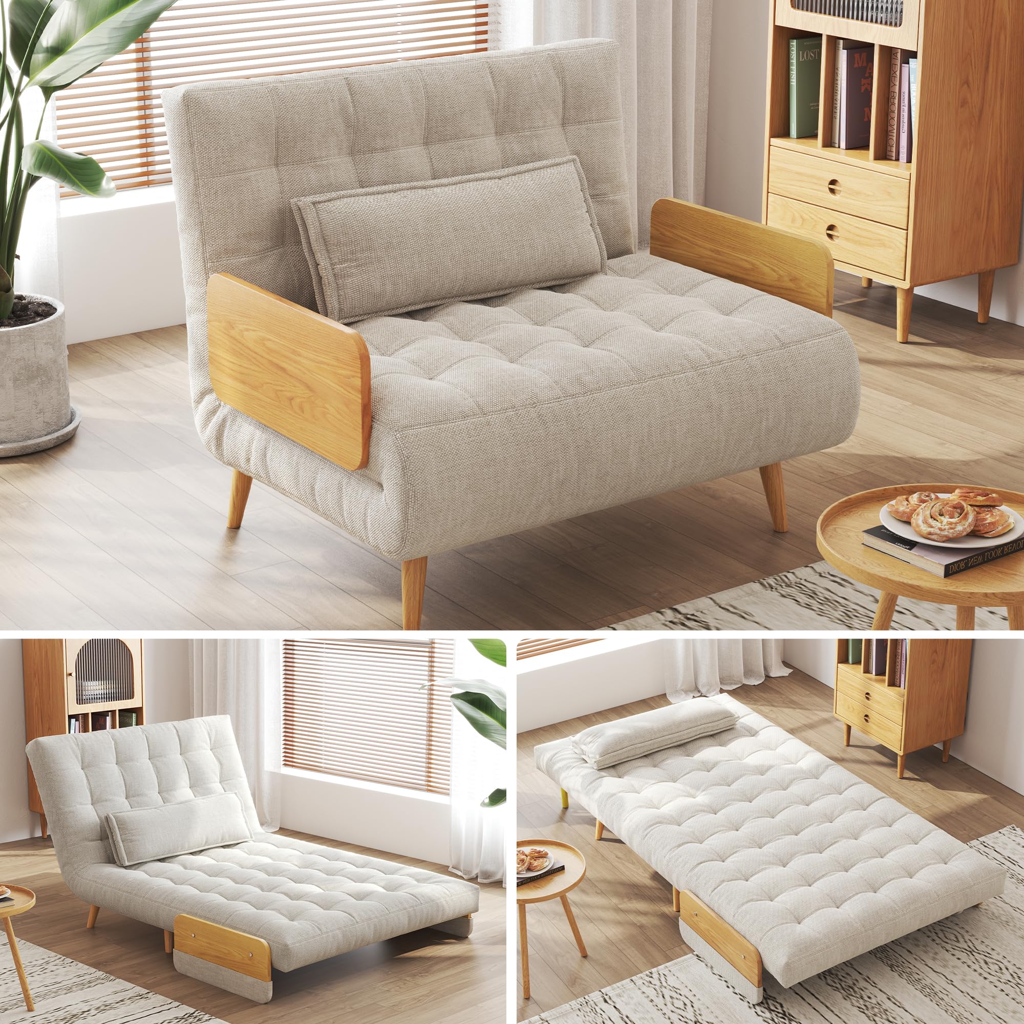 3-in-1 Convertible Chair Bed Sleeper for Adults, Linen Convertable Sleeper Chair with Wooden Arms & Pillows, Foldable Single Futon Sofa Bed for Small Spaces, Mid Century, 76.6" D x 36.6" W Mid-century 36.6" W Sleeper Chair
