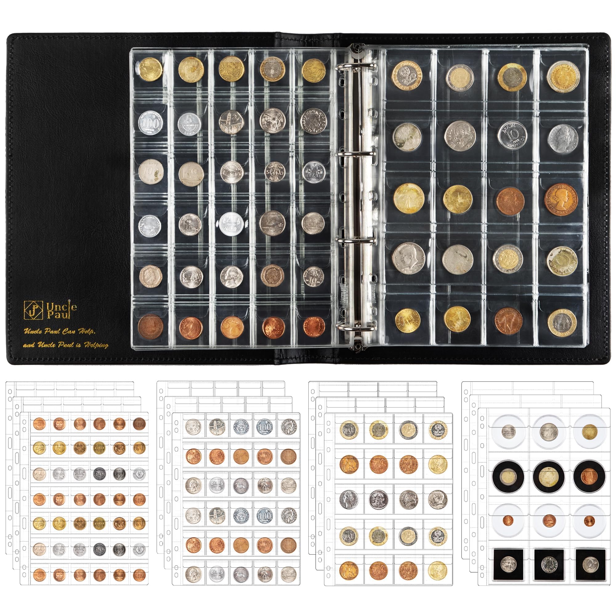 Uncle Paul 306 Pockets Coin Collection Album Binder with Slipcase Set - Assorted 4 Sizes of Pockets, 12 Pages Collection Book, All in One 4-Ring Coin Album 9.6"x 11.8" BC01