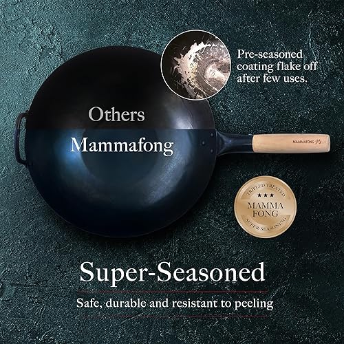 Miniatura 4 de Mammafong Sartén de wok tradicional de acero al carbono de 16 pulgadas con fondo plano grande  Auténticos woks martillados a mano y sartenes para