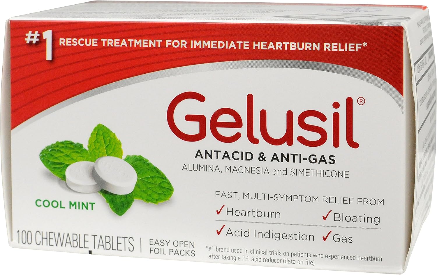 Gelusil Antacid & Anti Gas Tablets for Heartburn Relief, Acid Reflux, Bloating and Gas, Cool Mint - 100ct Blister Pack, 2 Count : Health & Household