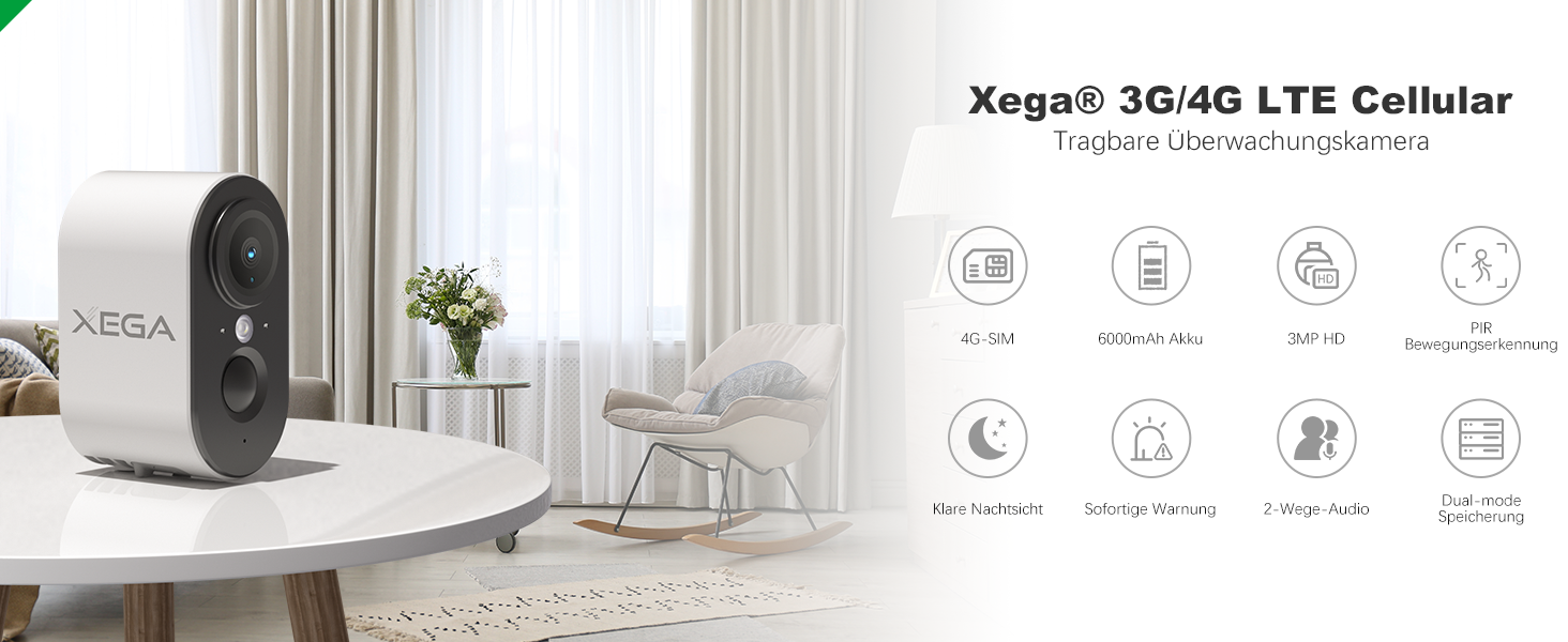 Xega 4G LTE Überwachungskaera Aussen Solar it SI Karte - 2K HD 3P