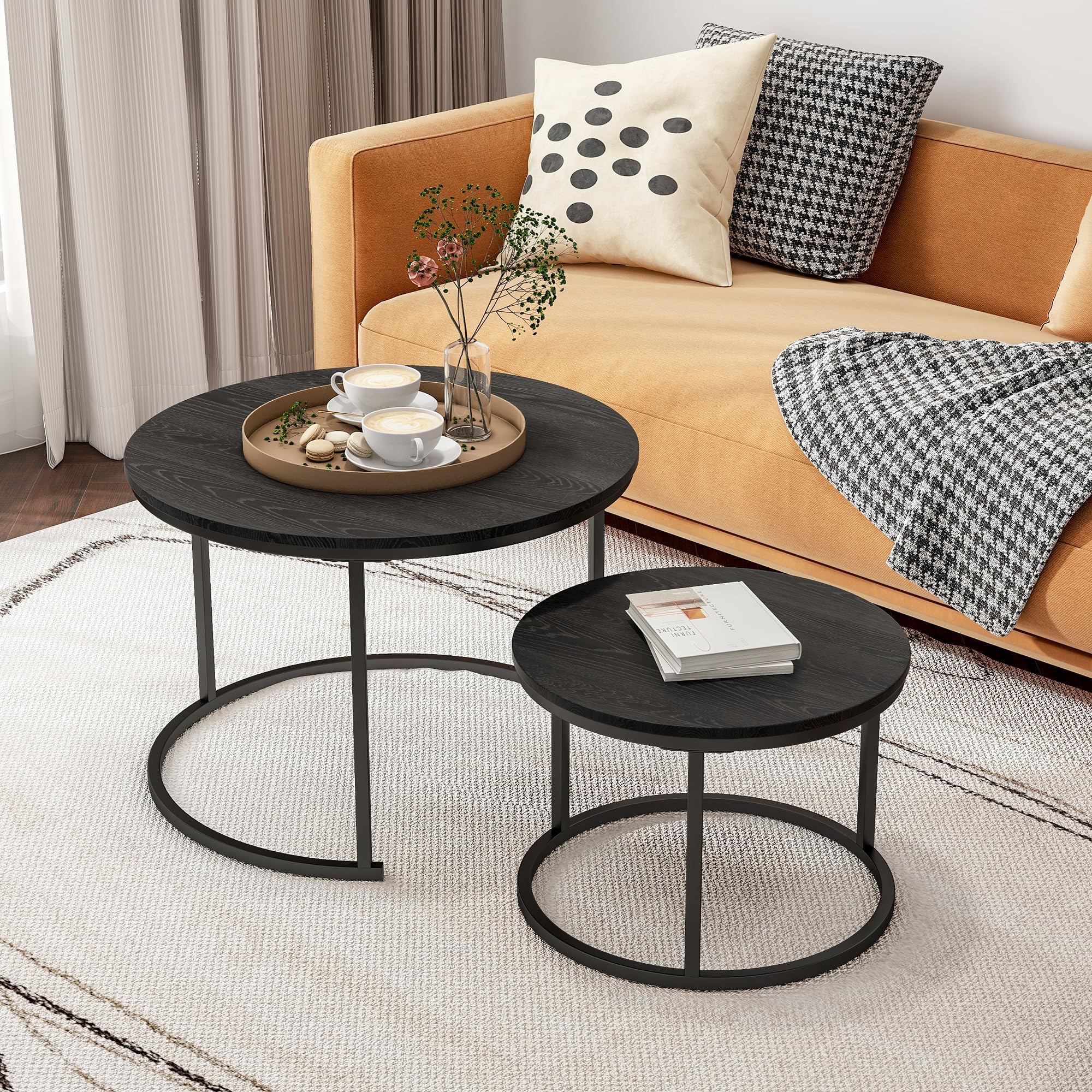 Amazon.com: KAHOO Round Nesting Coffee Table 27" Wood and Metal ...