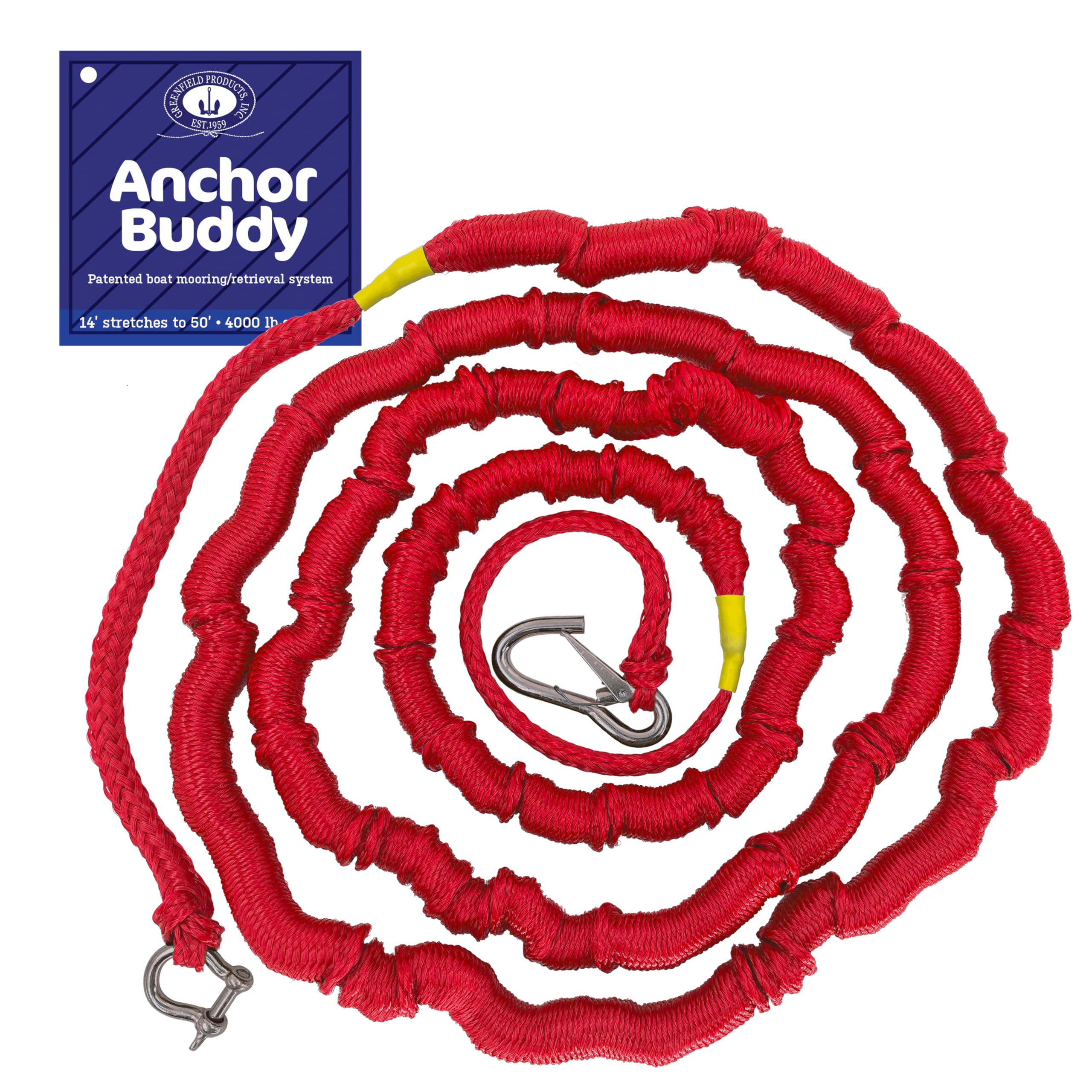 Greenfield Anchor Buddy, The Original Bungee Anchor Rope for Boats. 14ft to 50ft Stretch. Elastic Snubber Line. (Red)