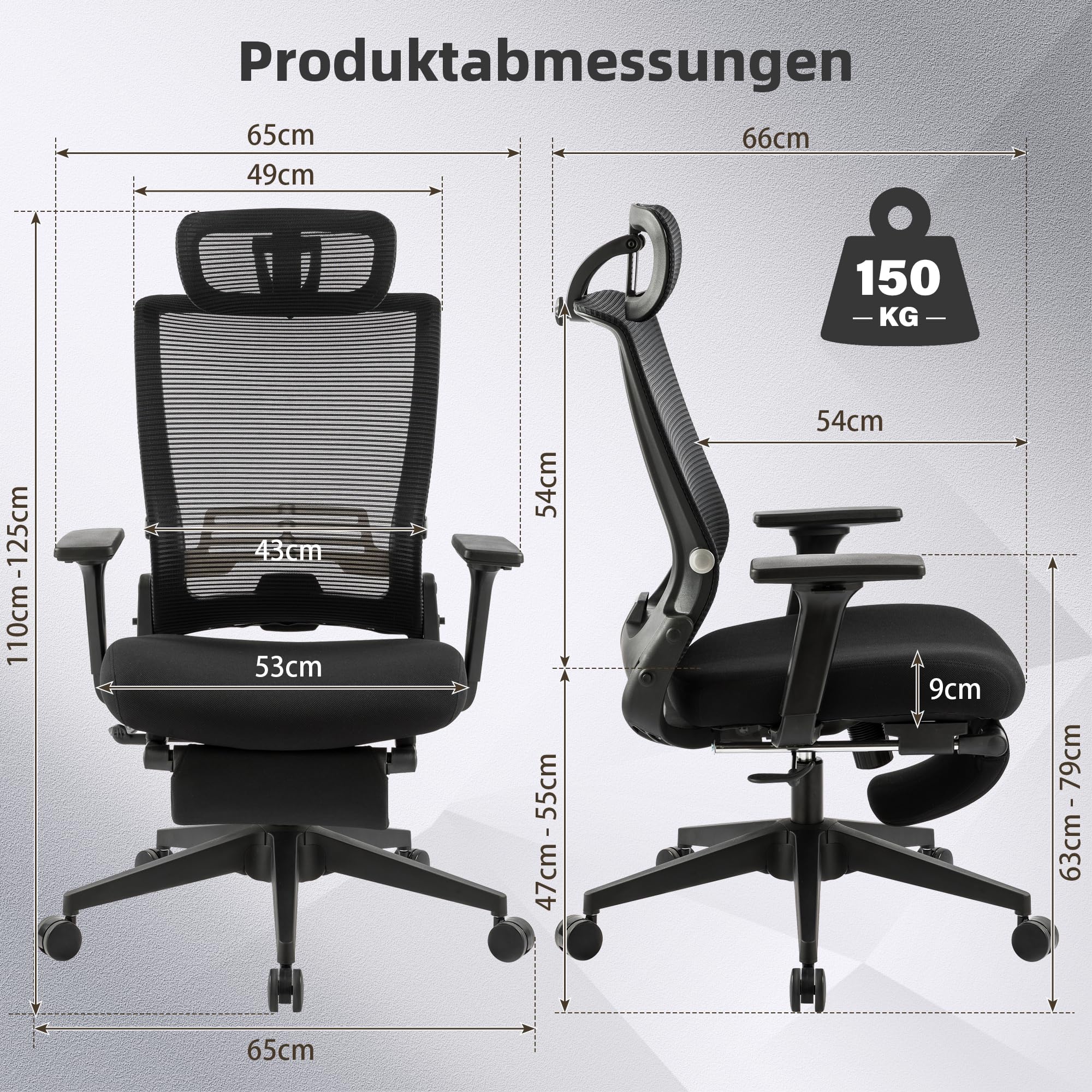 Klappbar Bürostuhl mit Fußstütze, Ergonomisch Schreibtischstuhl mit Lendenwirbelstütze, Kopfstütze, Chefsessel Mesh Stuhl 150 kg für platzsparendes Arbeiten von zu Hause aus, Schwarz