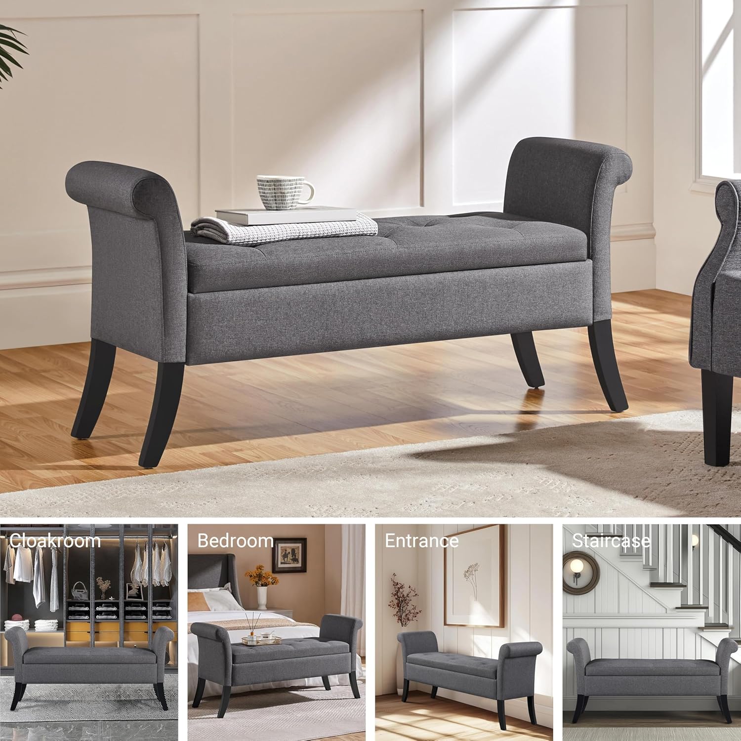 Yaheetech Storage Bench for Entryway Linen Window Bench with Rolled Arms for Bedroom Entryway Window Seat, Dark Gray
