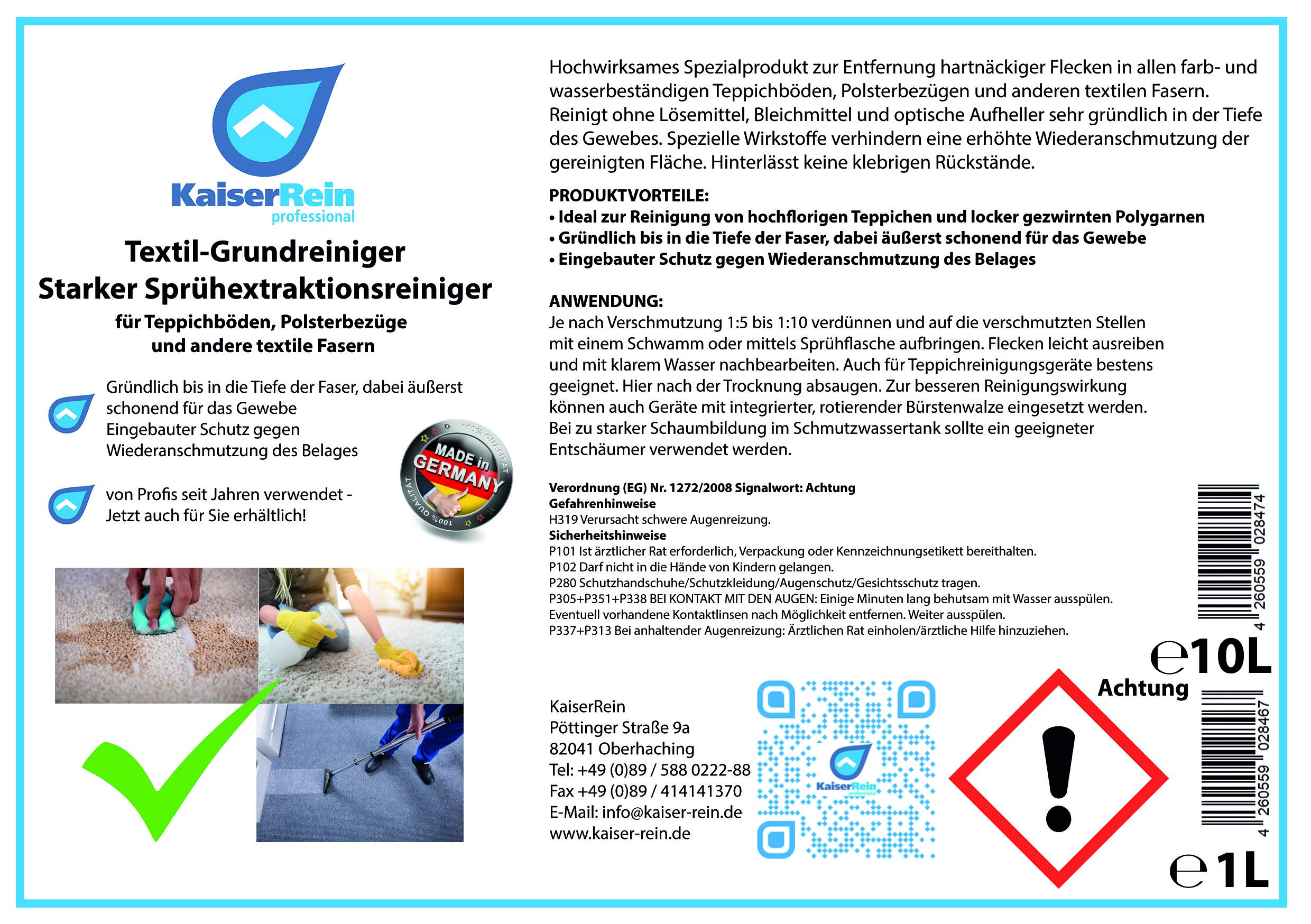 KaiserReinTextil-Grundreiniger Starker Sprühextraktionsreiniger 10 L Teppichreiniger Polsterreiniger Textilreiniger flüssig Konzentrat für Teppichböden, Polsterbezüge, Auto, Textil