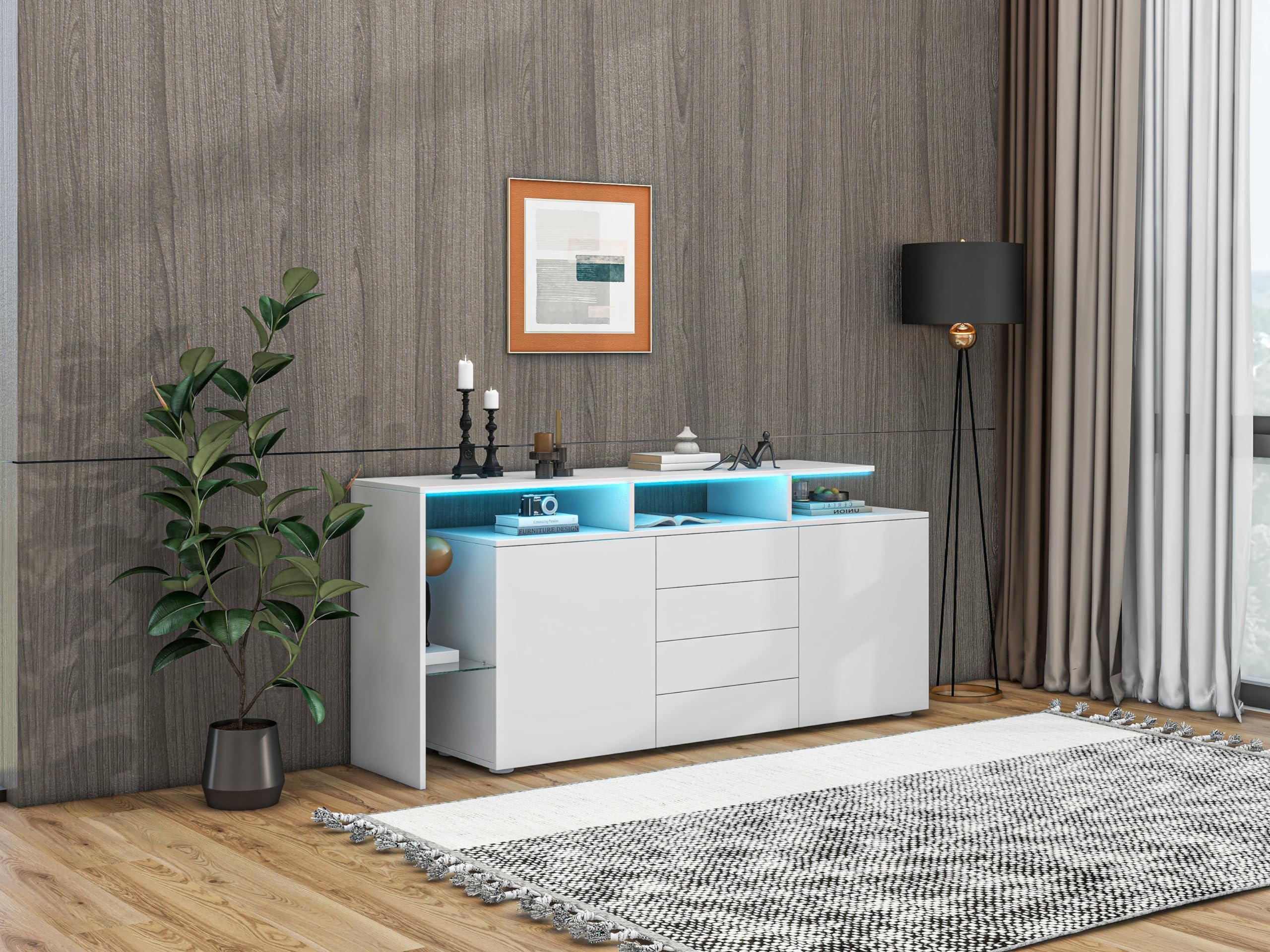 BTM Kommode, Sideboard mit LED, Wohnzimmermöbel in Weiß Hochglanz, Wohnzimmerschrank, Standschrank, TV-Schrank, Wohnzimmerwand, Highboard, Mehrzweckschrank, Buffetschrank Esszimmer