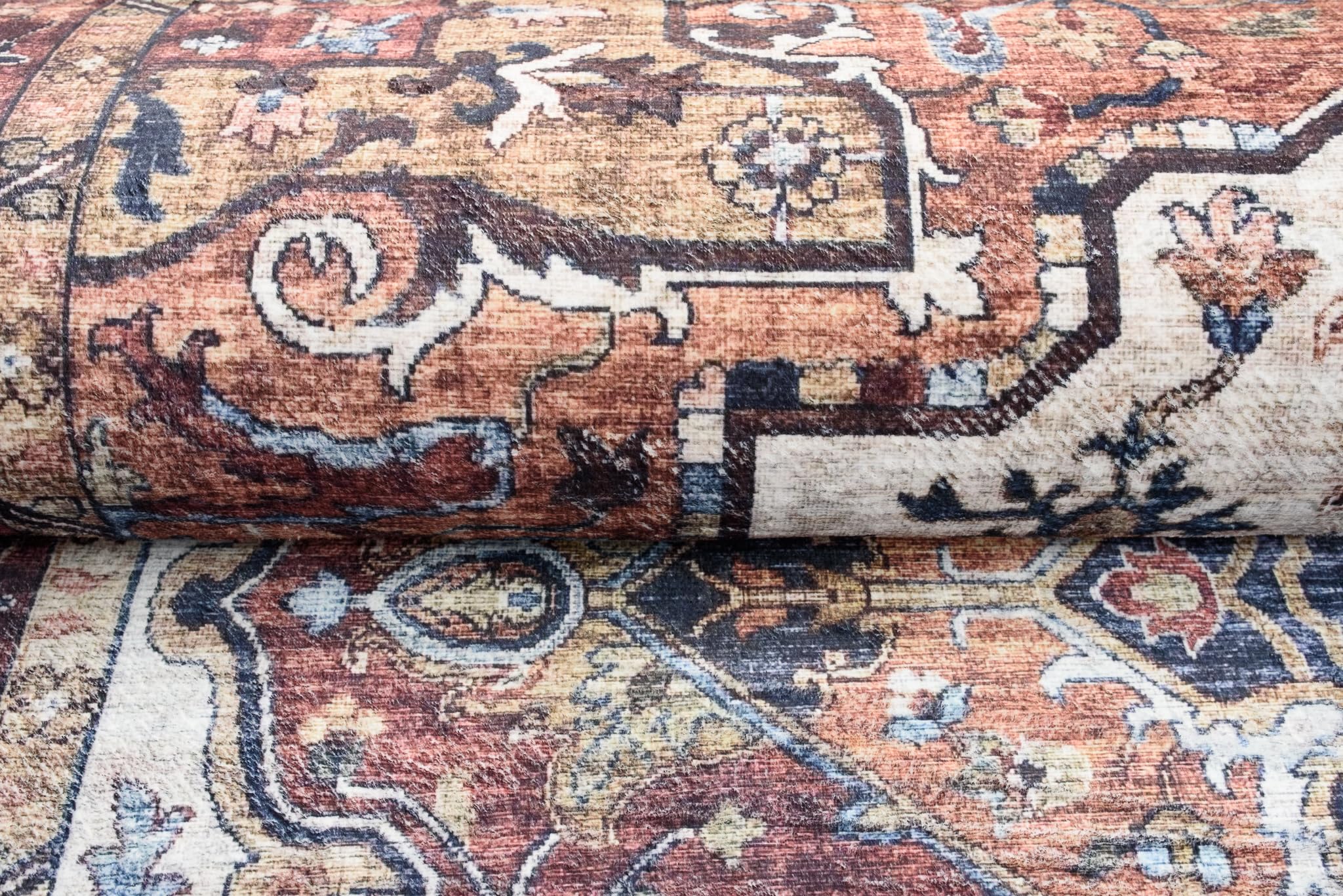 TAPISO Flannel Tapis Poils Ras Antidérapant Lavable Classique Marron Bleu Beige Ornamental Rosace Bordure Tapis Salon Chambre Salle à Manger Oeko-TEX Résistant 140 x 200 cm