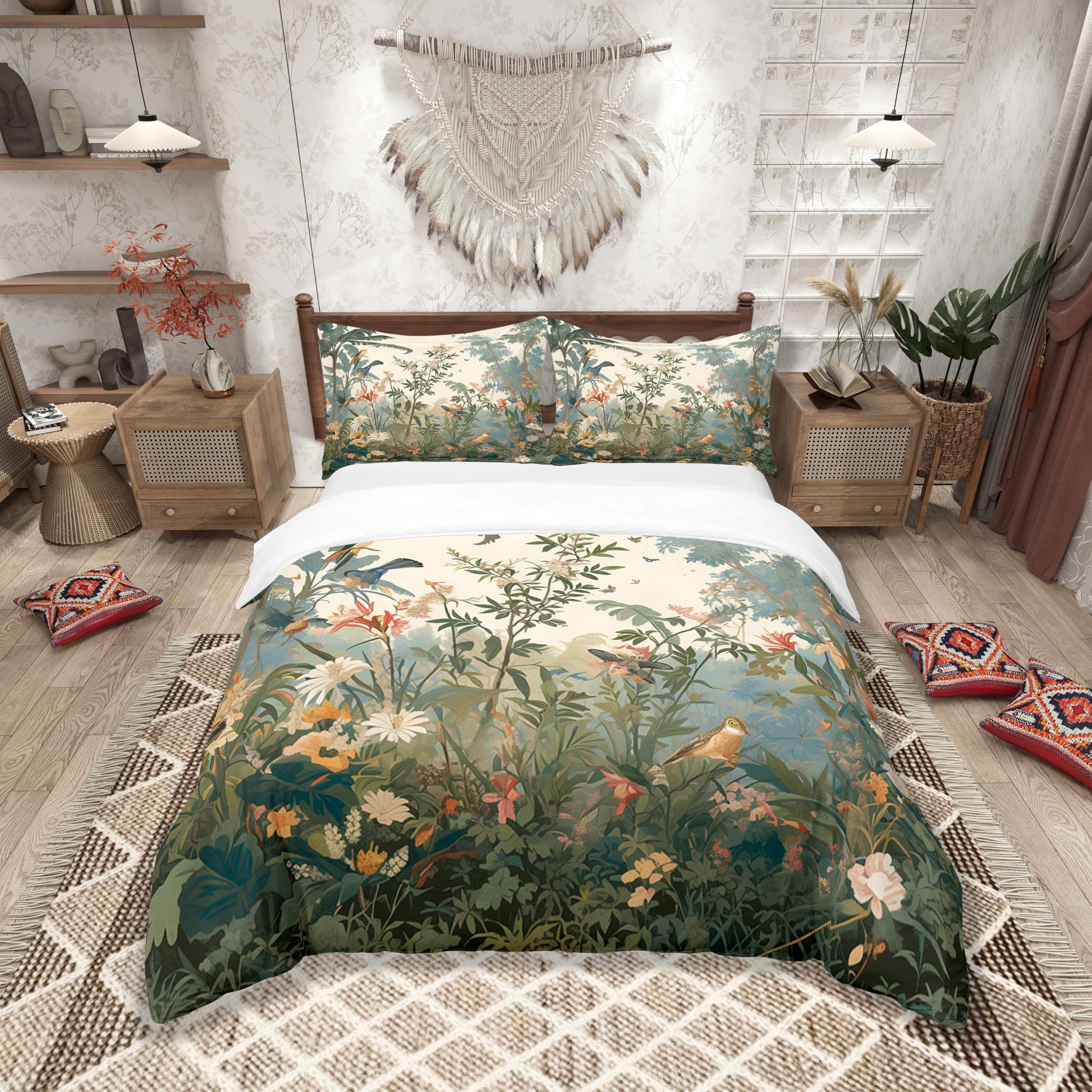 Loussiesd Pflanzen 100% Baumwolle Bettwäsche Set 155x220cm Blume Bettbezug Set für Vögel Betten Set Gras Betten Set Grün Bettwäsche-Set