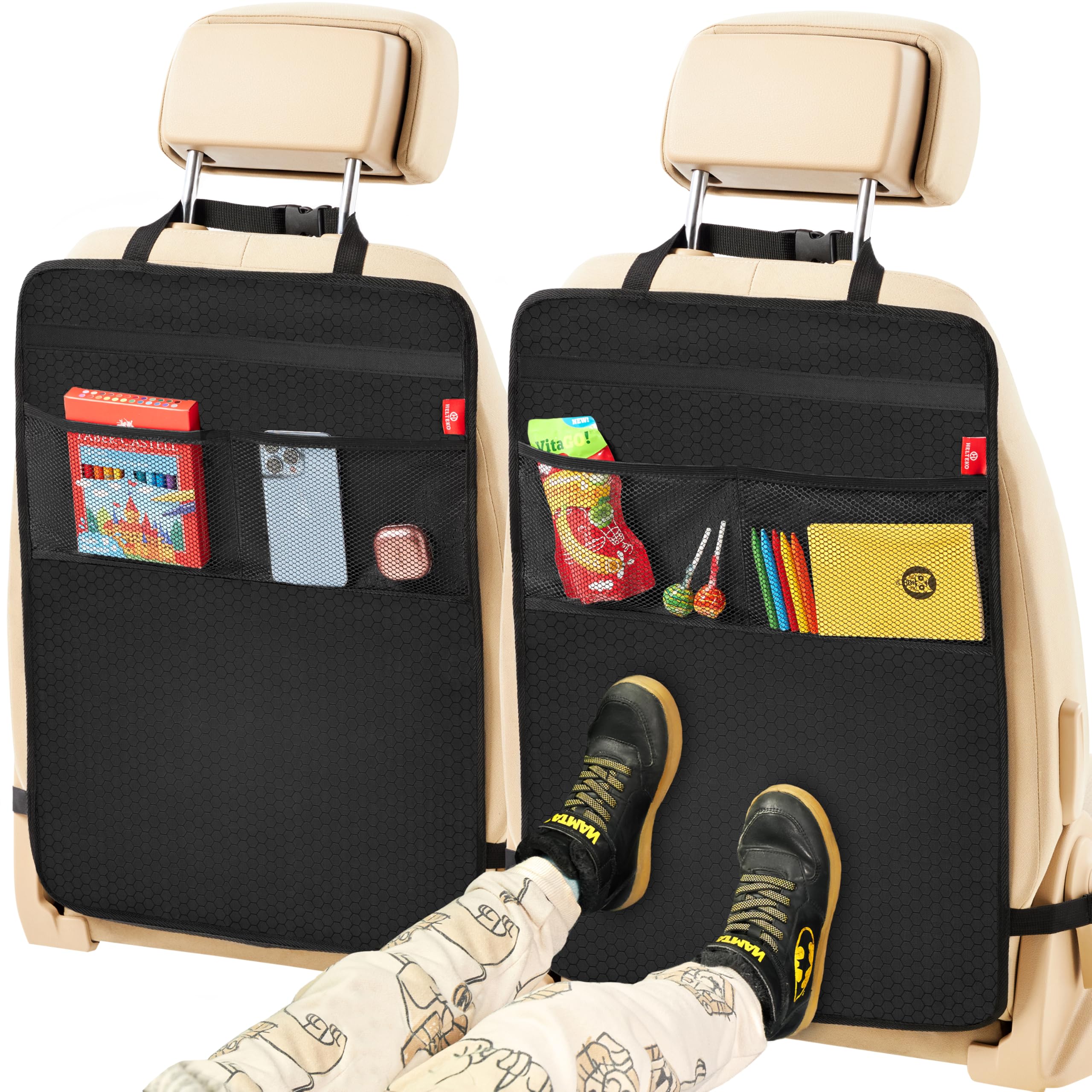 Helteko Back Seat Protector for Car, 2 Pack Premium Kick Mats for Kids, Extra Large Car Seat Cover for Backseat with Mesh Pockets, Waterproof Dirt & Mud Protection, Black
