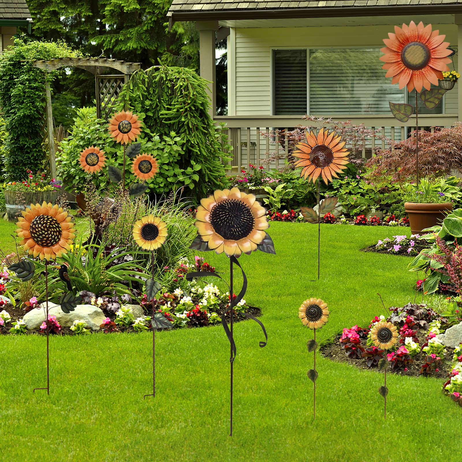 Piquets de jardin en métal - Panneau décoratif en forme de tournesol - Décoration pour pelouse, terrasse, allée, décoration intérieure et extérieure (85,1 cm de hauteur)