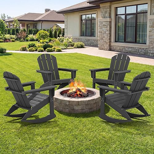 Miniatura 26 de SERWALL Modern - Juego de 2 sillas mecedoras Adirondack de polietileno de alta densidad para todo tipo de clima, para piscina, césped, jardín, Negro