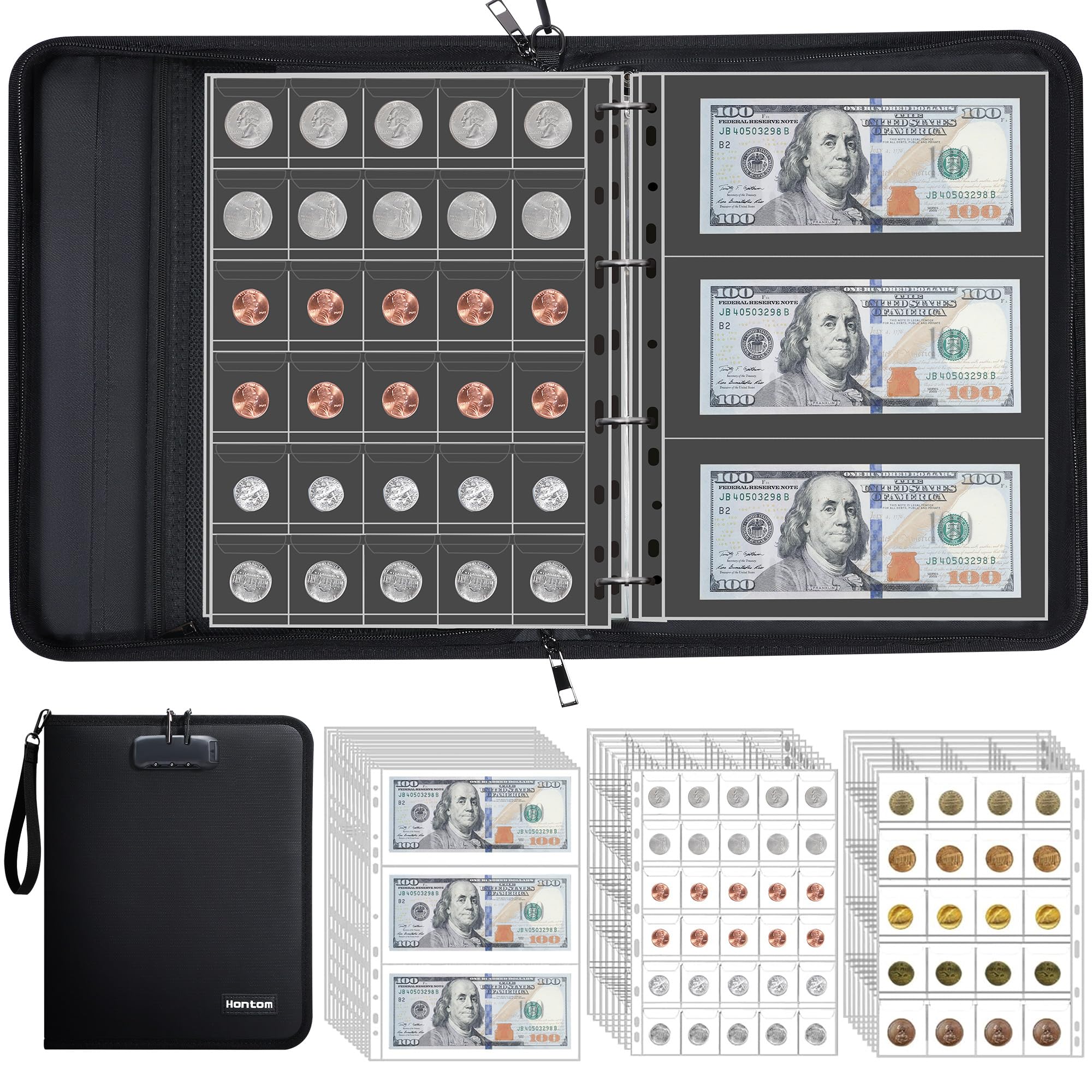 Hontom Coin Collection Album for Collectors with Lock, 400 Pockets Fireproof Coin Holder Book & 36 Paper Currency Binder Sleeves, Coins Storage Organiser for Pennies, Bill, Tokens, Badges
