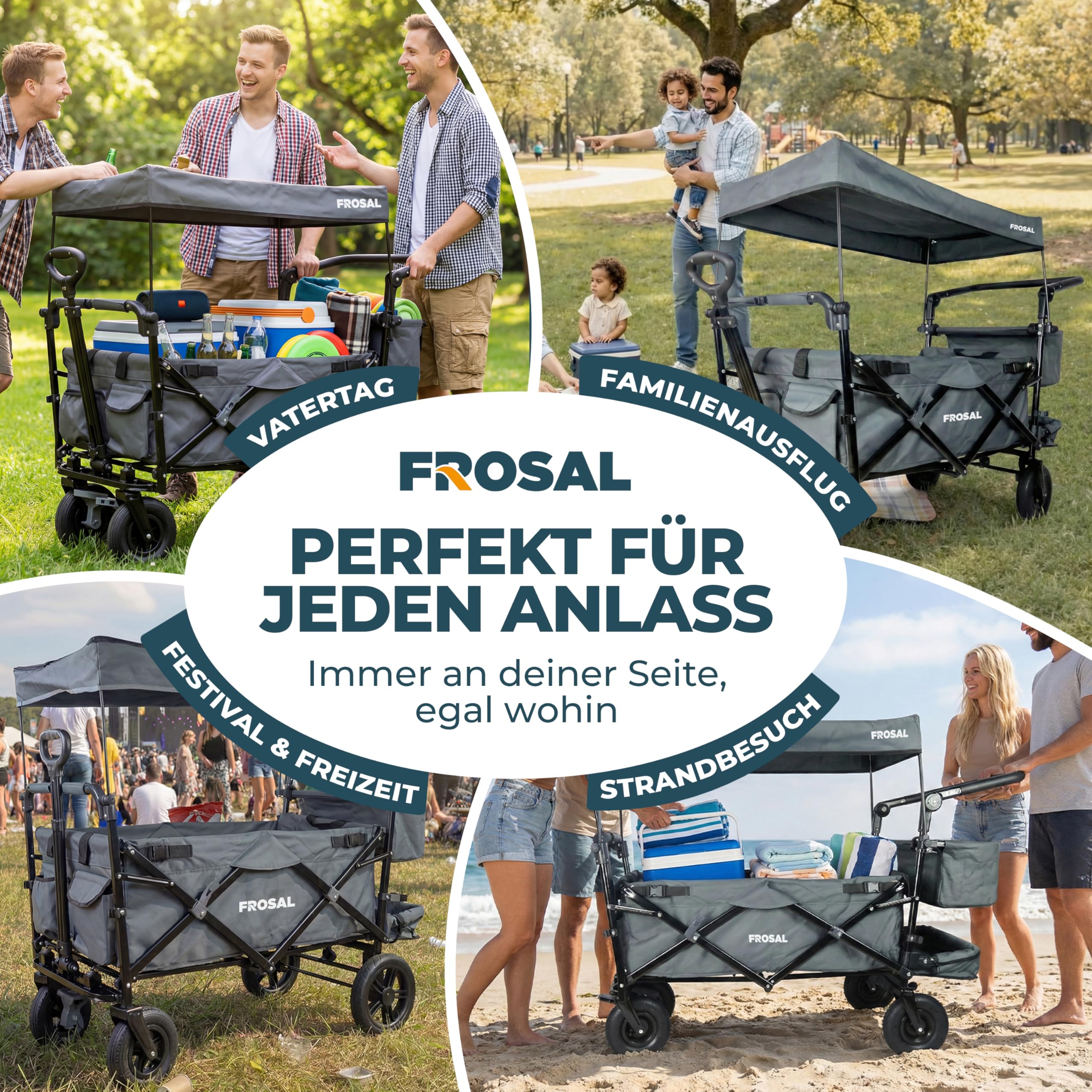 FROSAL Bollerwagen Leo faltbar mit Luftreifen & Dach – Handwagen klappbar für Strand, Camping & Garten – 80kg belastbar – mit Bremse, Schiebegriff & Zugstange – Transportwagen Kinder grau