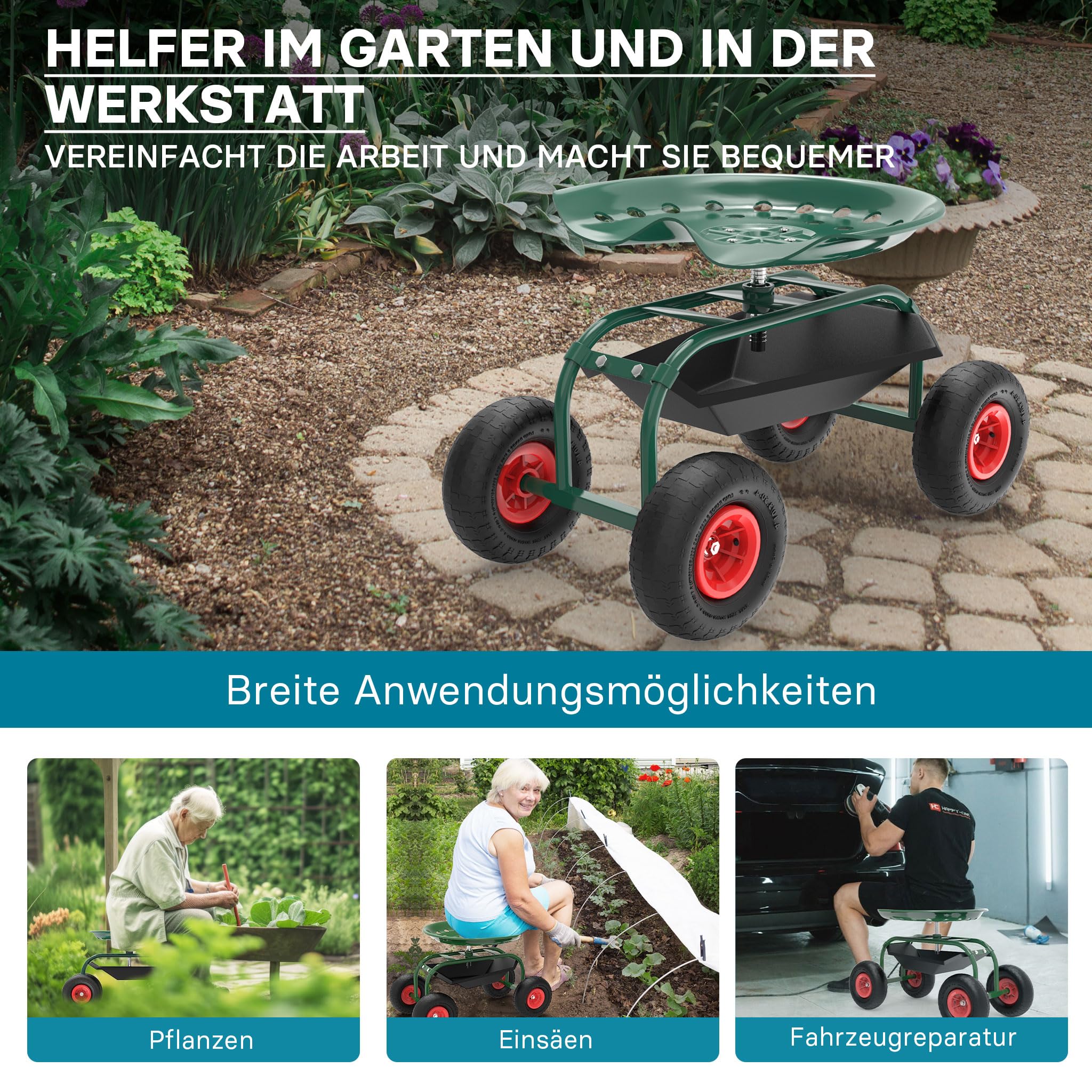 Wiltec Gartenwagen mit Ablagefläche bis 150kg Gartenhocker mit Reifen Gartentrolley für Gartenarbeit Werkstattwagen Rollwagen Arbeitssitz Gartensitz fahrbar