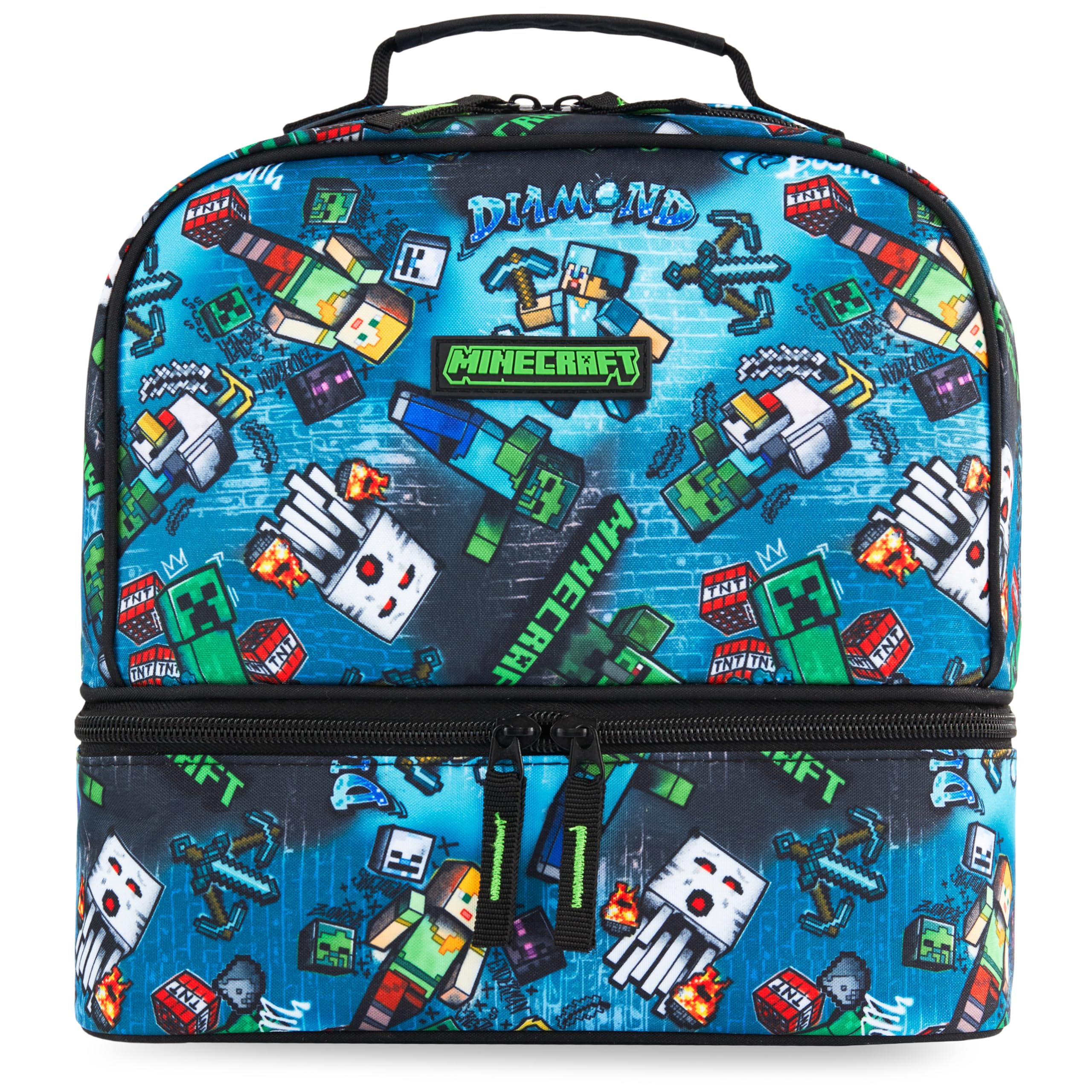 Get Trend Minecraft Kids Insulated Lunch Bag, Dual Compartment Lightweight Cooler Bag with Handle for Kids Lunch Box & Snacks, Travel School & Picnic Food Carrier, Gamer Gifts for Boys (Blue)