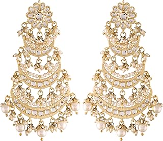 Gold Plated Indian Stunning Antique Finish Chandbali Kundan & Pearl Earr...