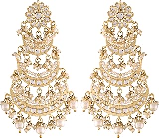 I Jewels 18k Gold Plated Indian Stunning Antique Finish Chandbali Kundan & Pearl Earrings for Women (E2859-1)