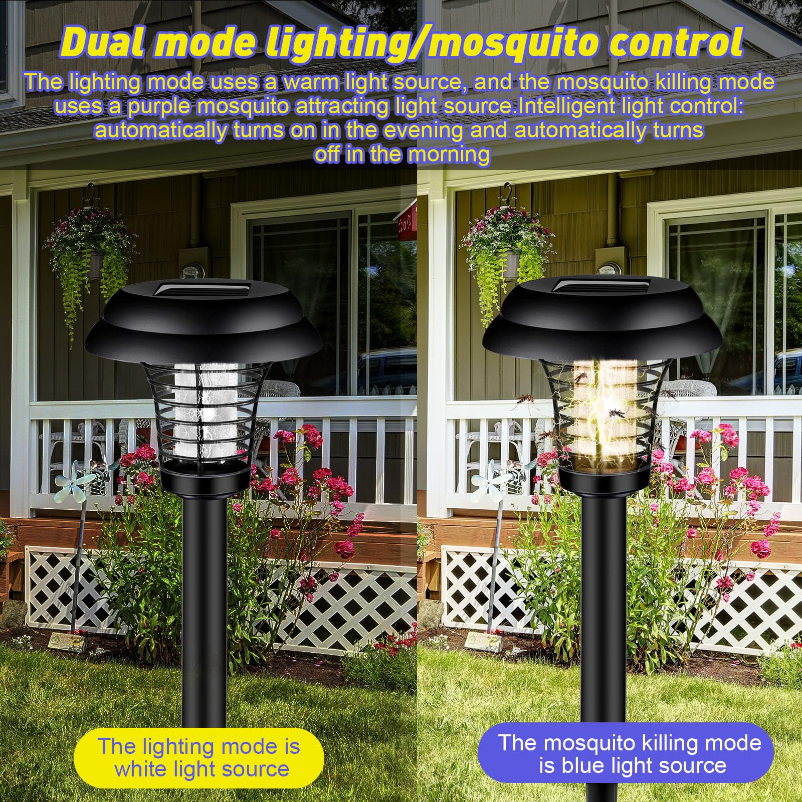 Qualirey 4 lampade a energia solare per insetti e zanzare, impermeabili, per uso interno ed esterno, giardino, patio (plastica, esterno nero/viola e luce calda)