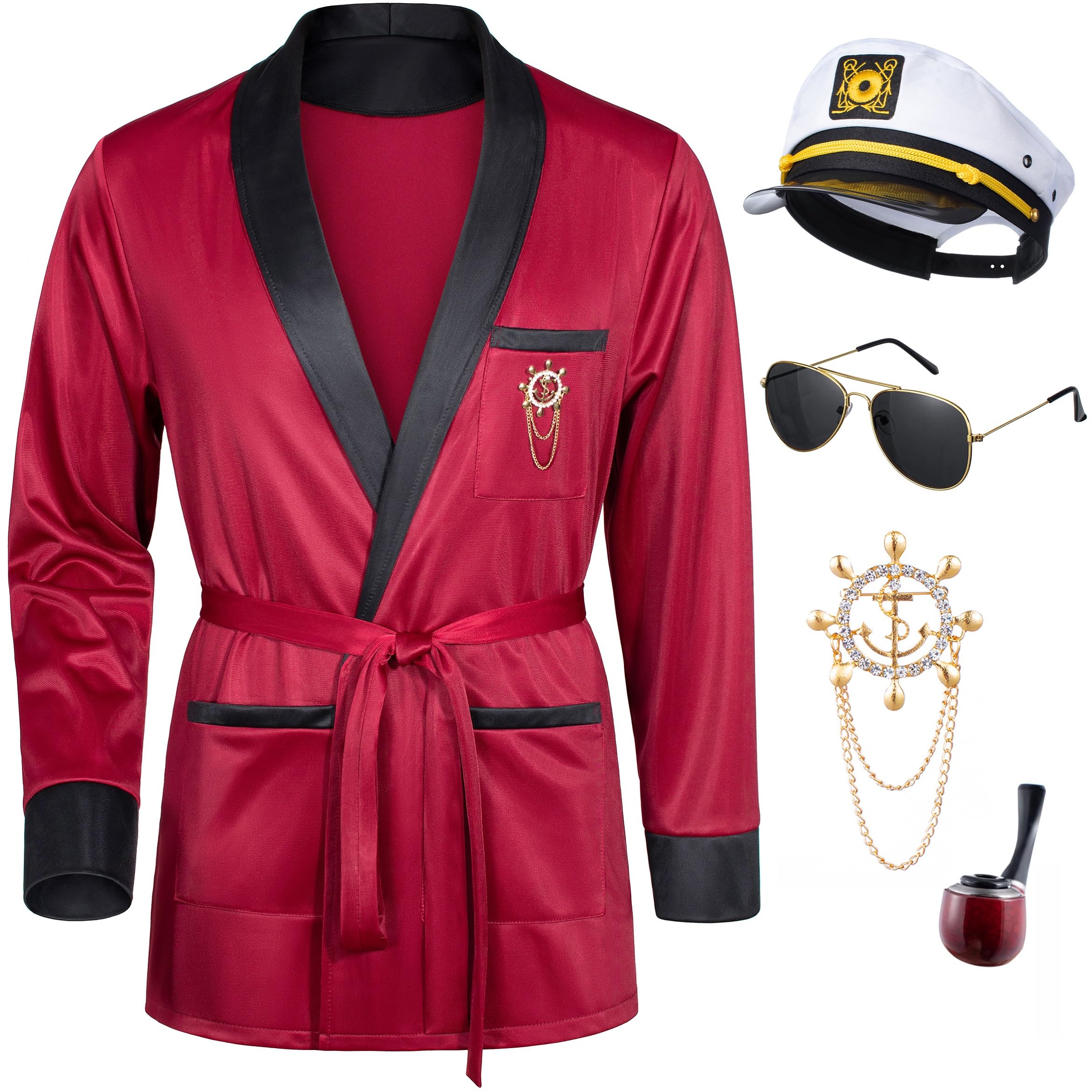 Men's red silk robe Halloween bunny costume style, includes captain hat, glasses, lapel pin and toy accessory set