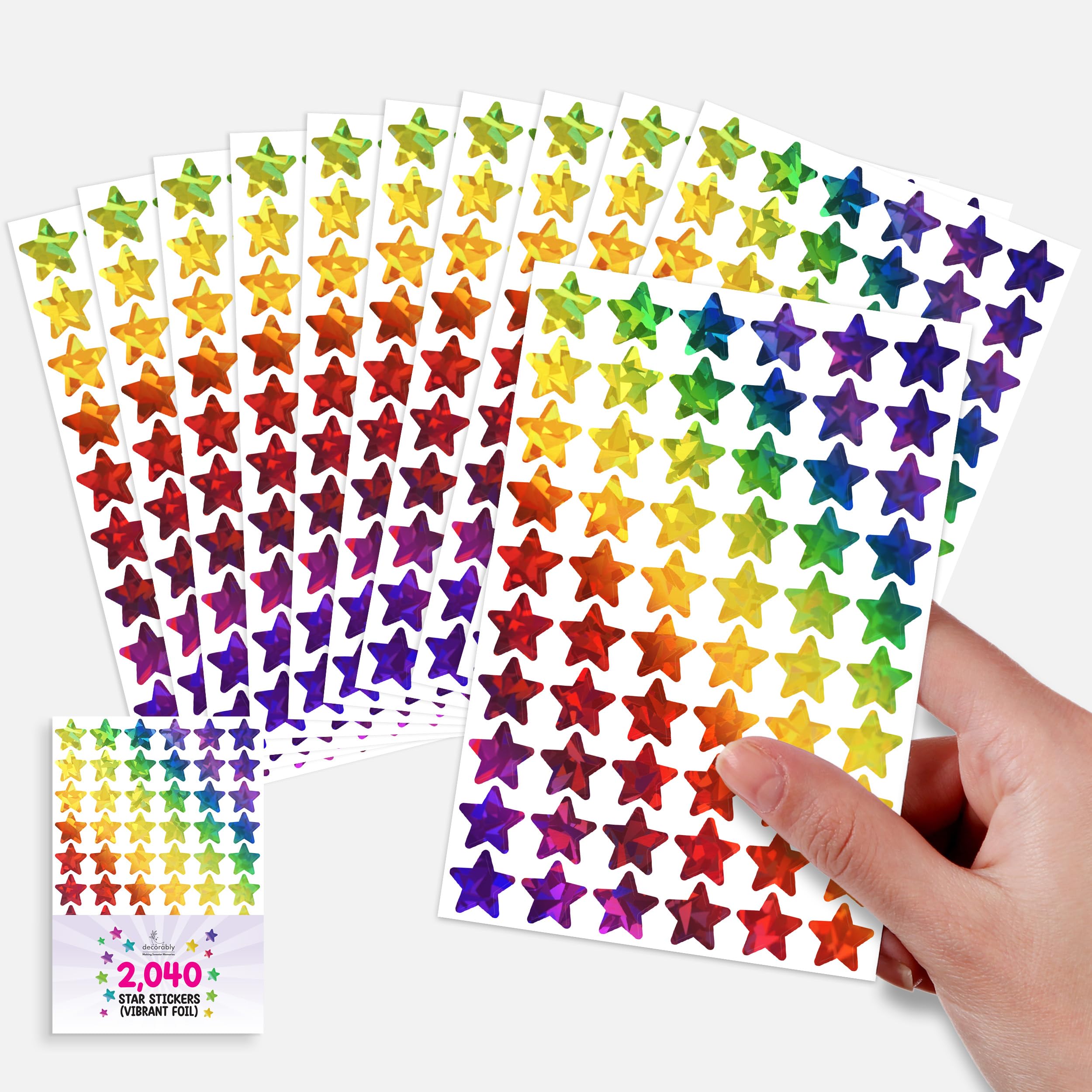 Decorably 2,040 Foiled Kids Star Stickers for Kids Reward - 34 Sheets with 10 Designs for Charts & Worksheets, Classroom Activities, Positive