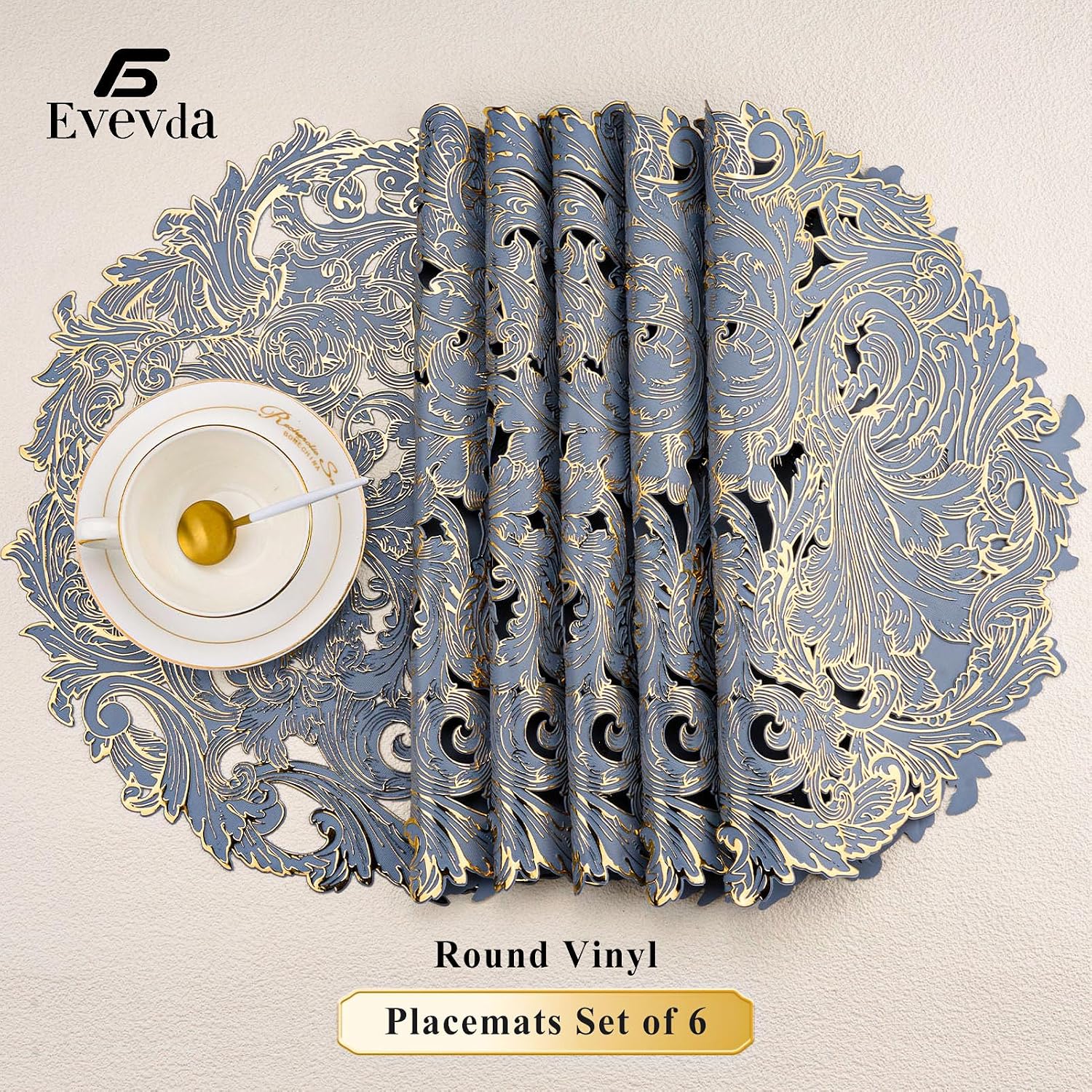 Evevda 15 inch Gold and Blue Placemats Set of 6 Round Reusable Place Mat | Vinyl Plastic Kitchen Table Mats for Home Wedding Party Dining Table Decoration