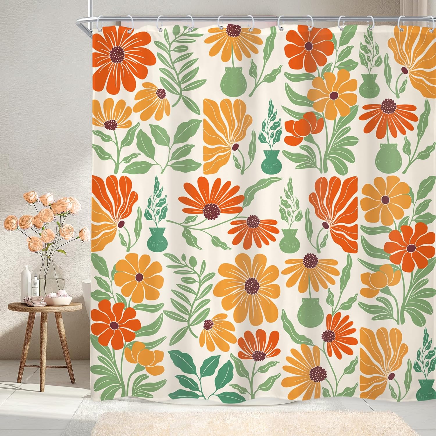 Boho Abstract Colorful Floral Shower Curtain 72Wx72L Inch Vintage Retro Patchwork Flower Orange Green Botanical Geometric Aesthetic Groovy Bathroom