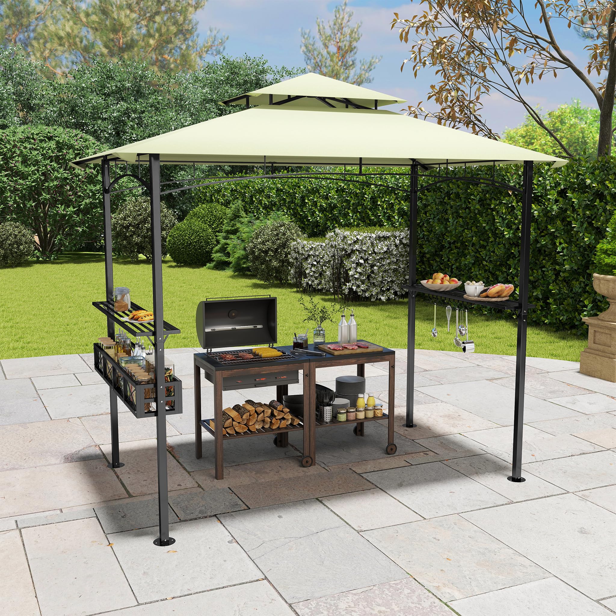 Gazebo da giardino con tetto a doppio strato, 245 x 153 x 250 cm, impermeabile, ignifugo, con base di spazio, tenda da giardino per feste, barbecue, beige