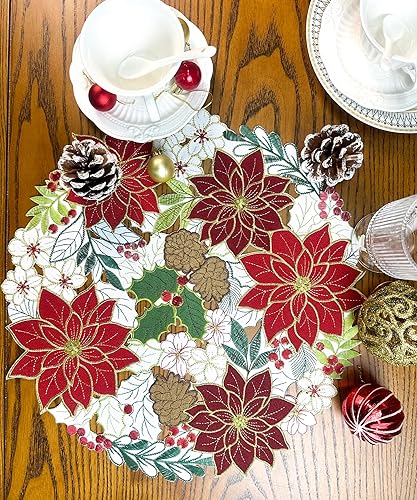 Miniatura 4 de KEVA Camino de mesa navideño de 36 pulgadas de largo, camino de mesa bordado de flor de pascua, decoración de mesa navideña para el hogar y la