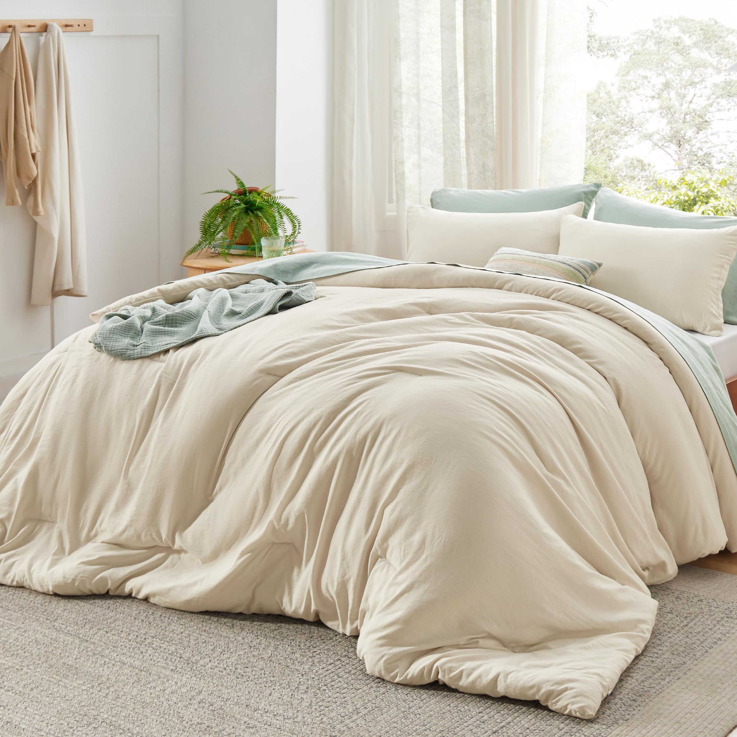 Bedsure Super King Plus Size Comforter Set, Cream Soft Prewashed Bedding for All Seasons, 3 Pieces GentleSoft™ Bed Set, 1 Lightweight Comforter (128"x120") and 2 Pillowcases (20"x36")