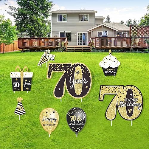 Miniatura 8 de Juego de 8 letreros de feliz cumpleaños 90 para patio, decoraciones de cumpleaños de 90 años negro y dorado para hombres, carteles de césped de 90