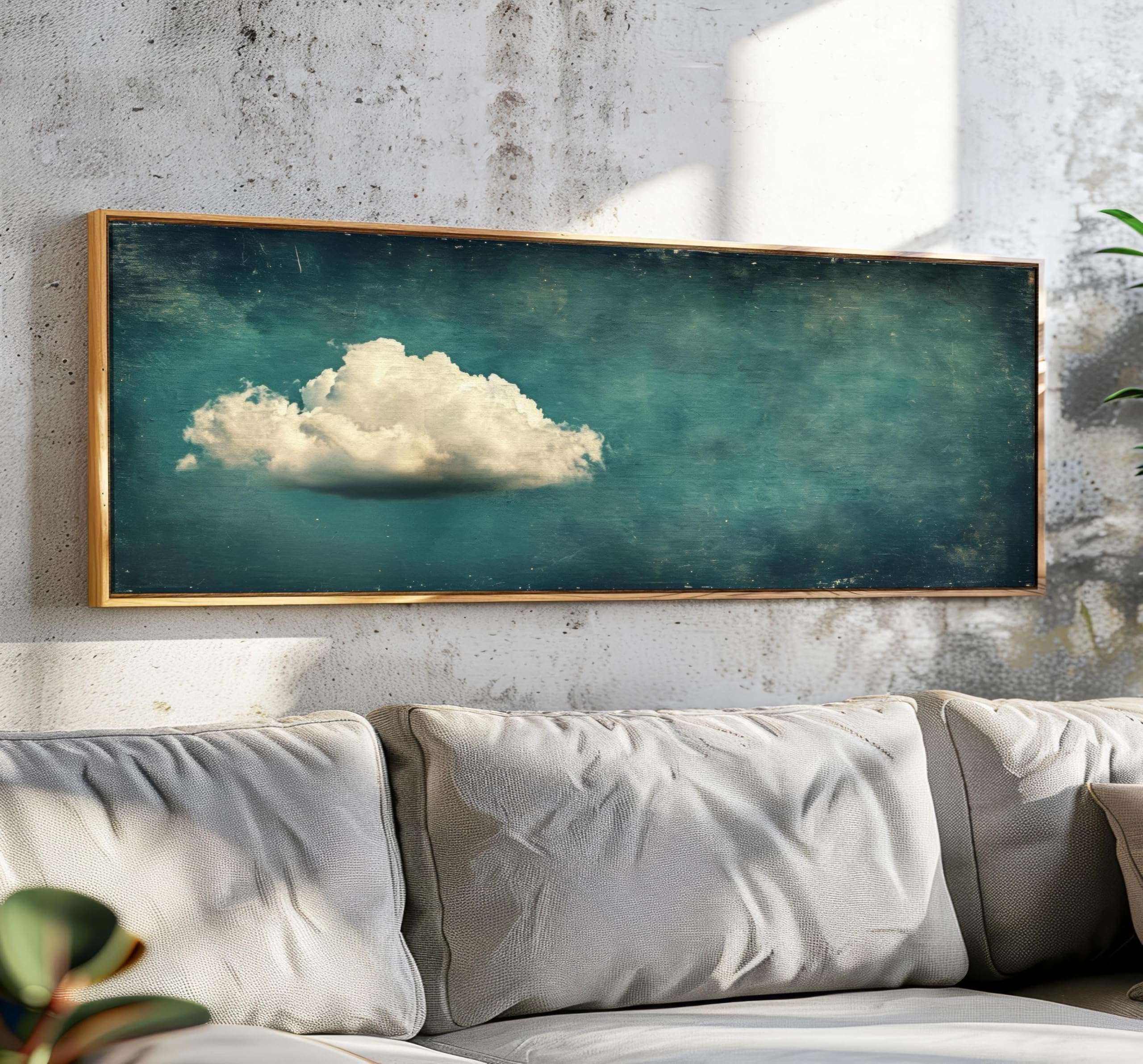 XINBAO Arte murale vintage con nuvole, quadri su tela panoramici minimalisti, stampa orizzontale di nuvole, grande arte con nuvole, decorazione sopra il letto 40x120 cm con cornice