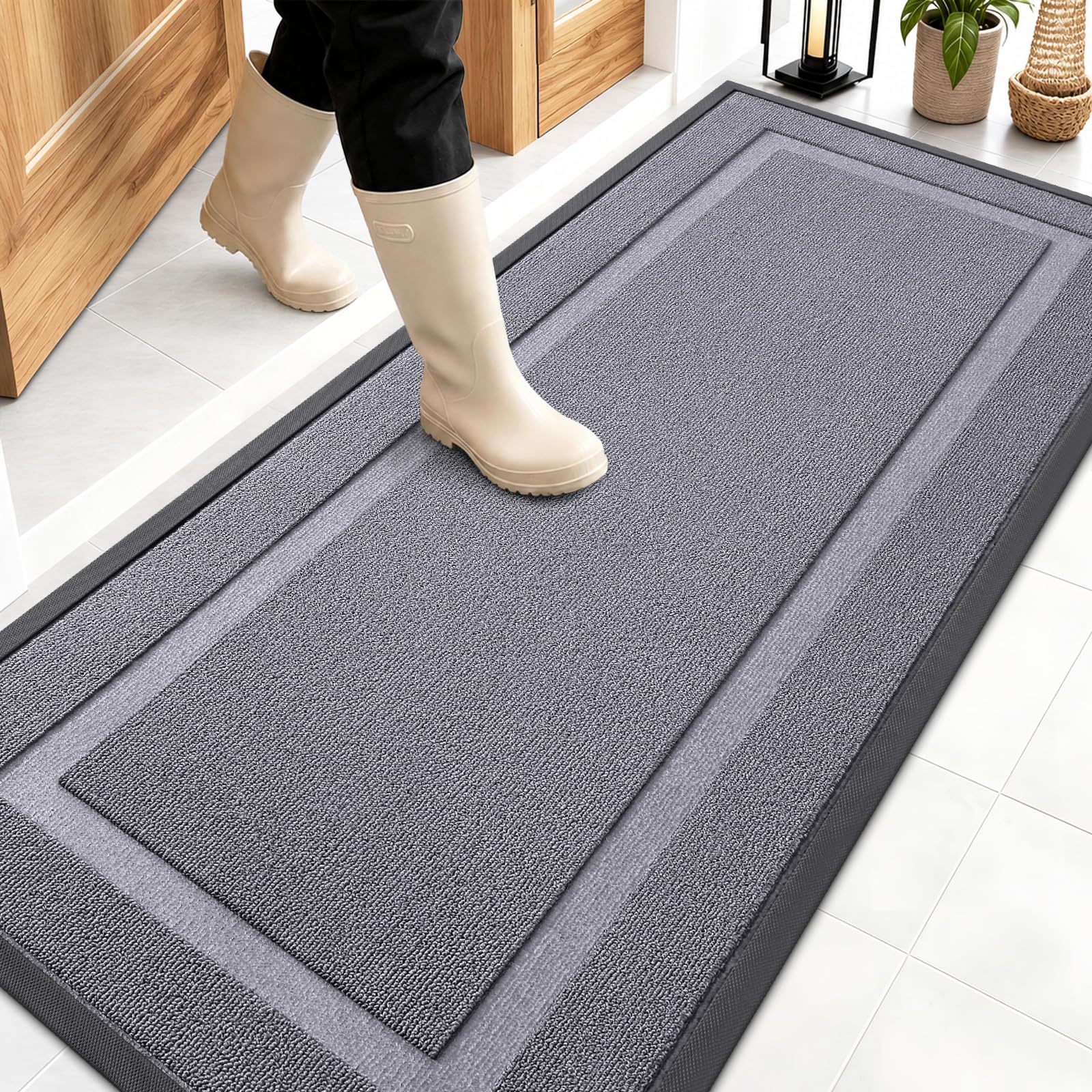 OLANLY Front Door Mat Outside 59x23, All-Season Heavy-Duty Rubber Doormat | Classic Gray, Absorbent, Stain and Fade Resistant, Non-Slip Backing, Low-Profile Indoor Outdoor Floor Mat for Entryway