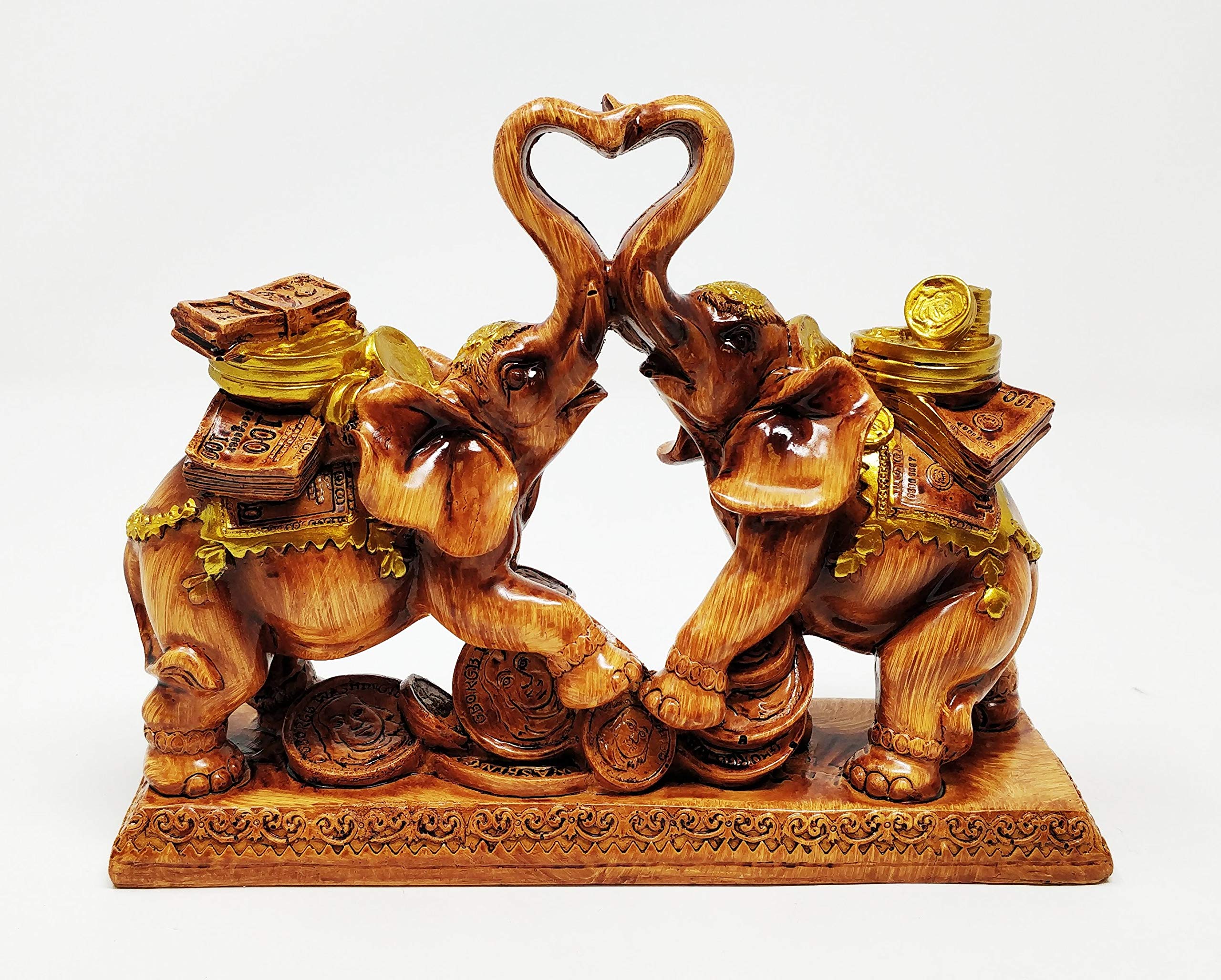 Jrose Collections Brown Feng Shui Trunk Up Loving Elephant Set With Money For Financial Gain, Business Success, Good Luck And Prosperity 15Cms High Jr1311