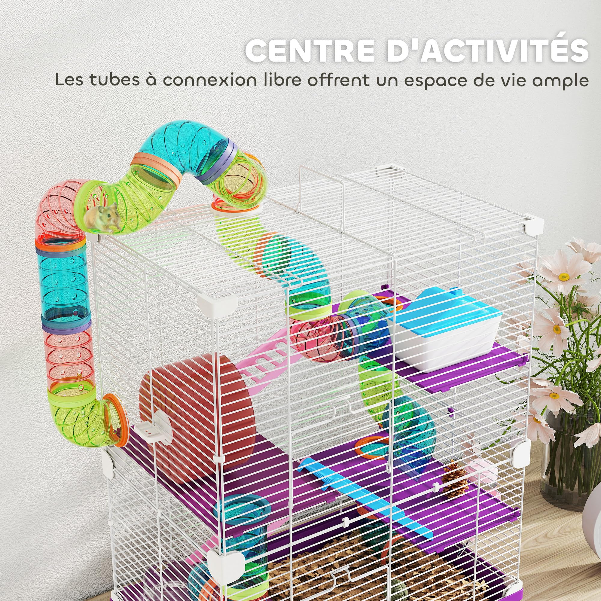 PawHut Cage pour Hamster Rongeur 4 étages avec Tunnels mangeoire Roue Maison échelles dim. 46L x 30l x 58H cm Violet - 4
