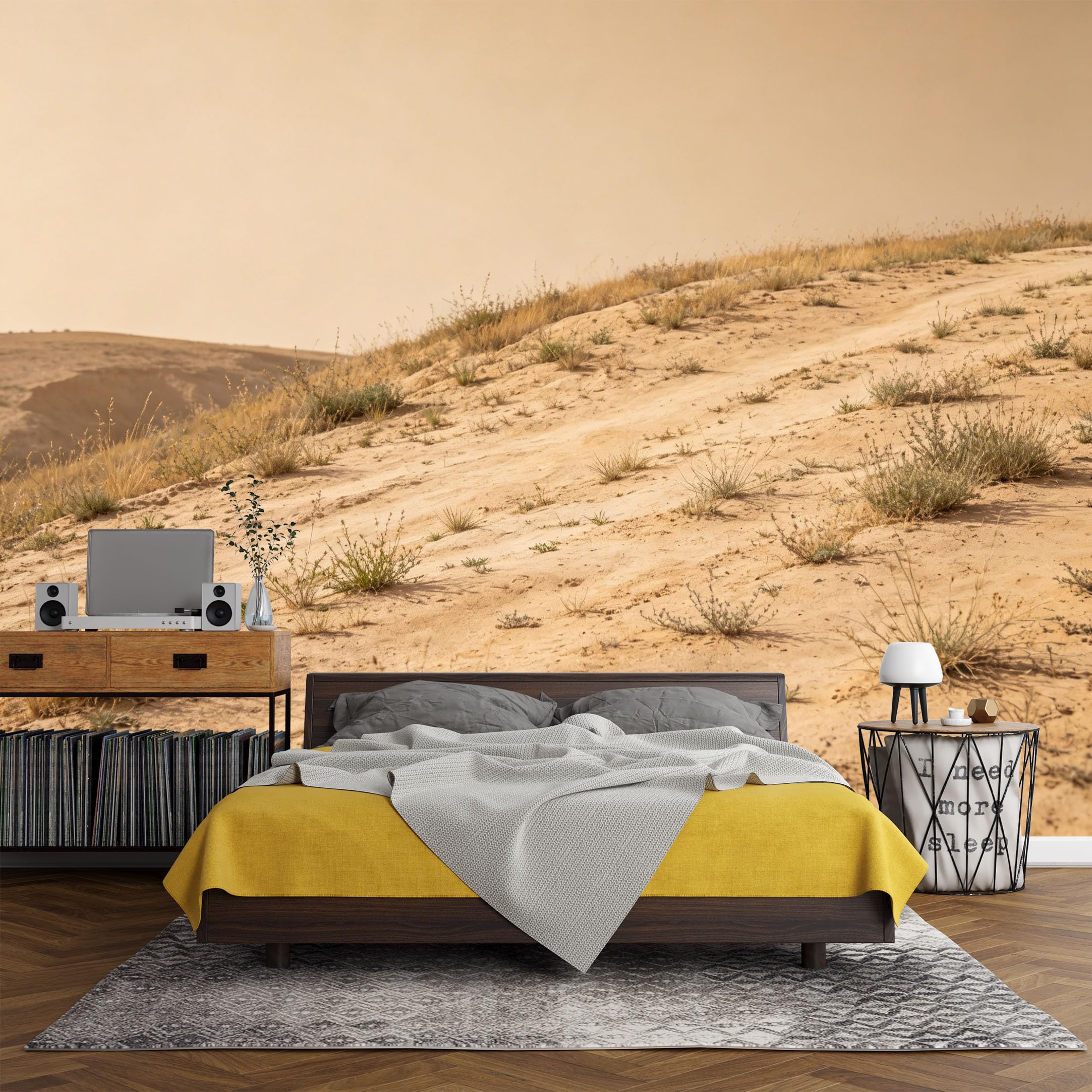 Custom Size Wall Mural， Desert Landscape Sandy Dunes Dry Grasses Minimalist Nature Scene，SelfAdhesive Art Prints wall Fabric (No PVC) Removable Wallpaper Living Room Decor