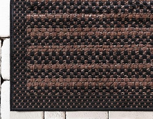Miniatura 8 de Unique Loom - Tapete para exteriores de la colección Border, cuadriculado (5.3pies x 8.1pies, rectangular, color marrónnegro)