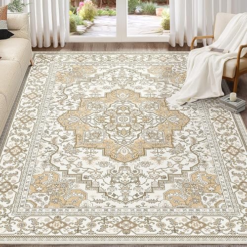 EIEIHOUSE Washable 7x9 Area Rug (Cream/Apricot)