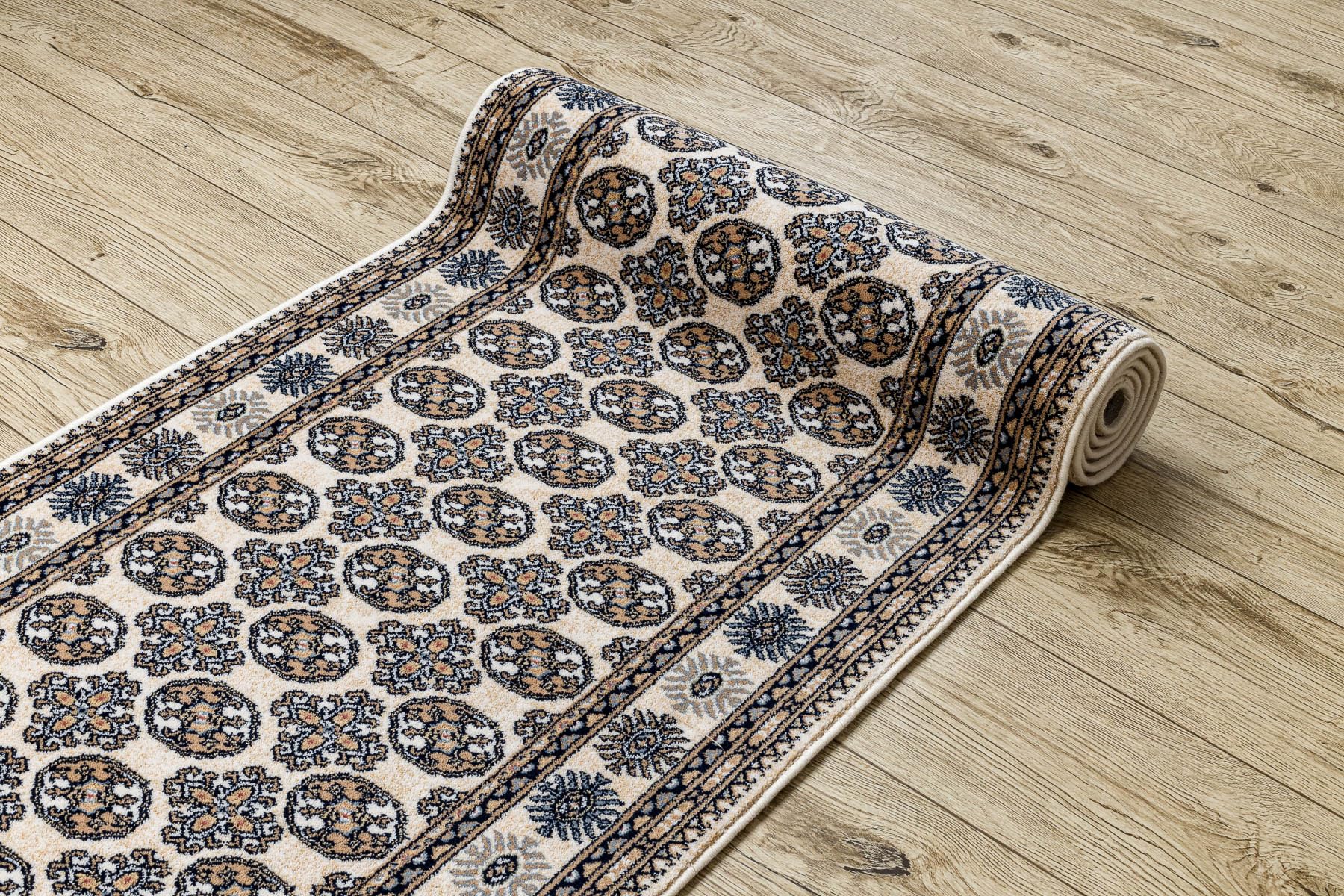 rugsx NAIN Läufer - Hochwertiger Wollteppich mit Rosettenmuster in Beige & Dunkelblau - Eleganter Orient-Teppich für Flur & Wohnzimmer 80x200 cm