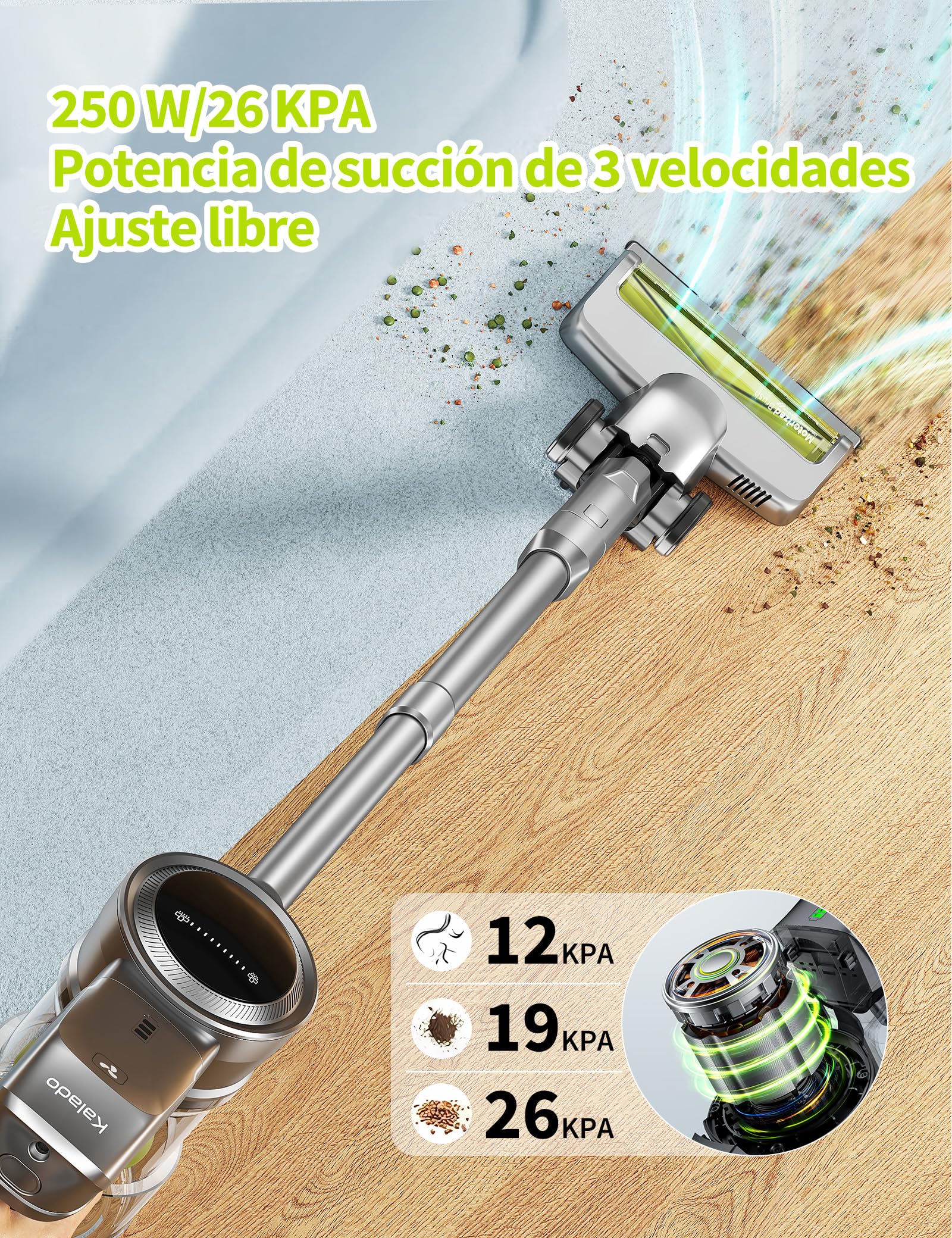 kalado Aspiradora Sin Cable, 26KPa Aspirador Escoba Inalámbrica con Pantalla LED, Batería Extraíble, 40 Minutos de Duración, Aspiradoras para Mascotas con Cepillo LED