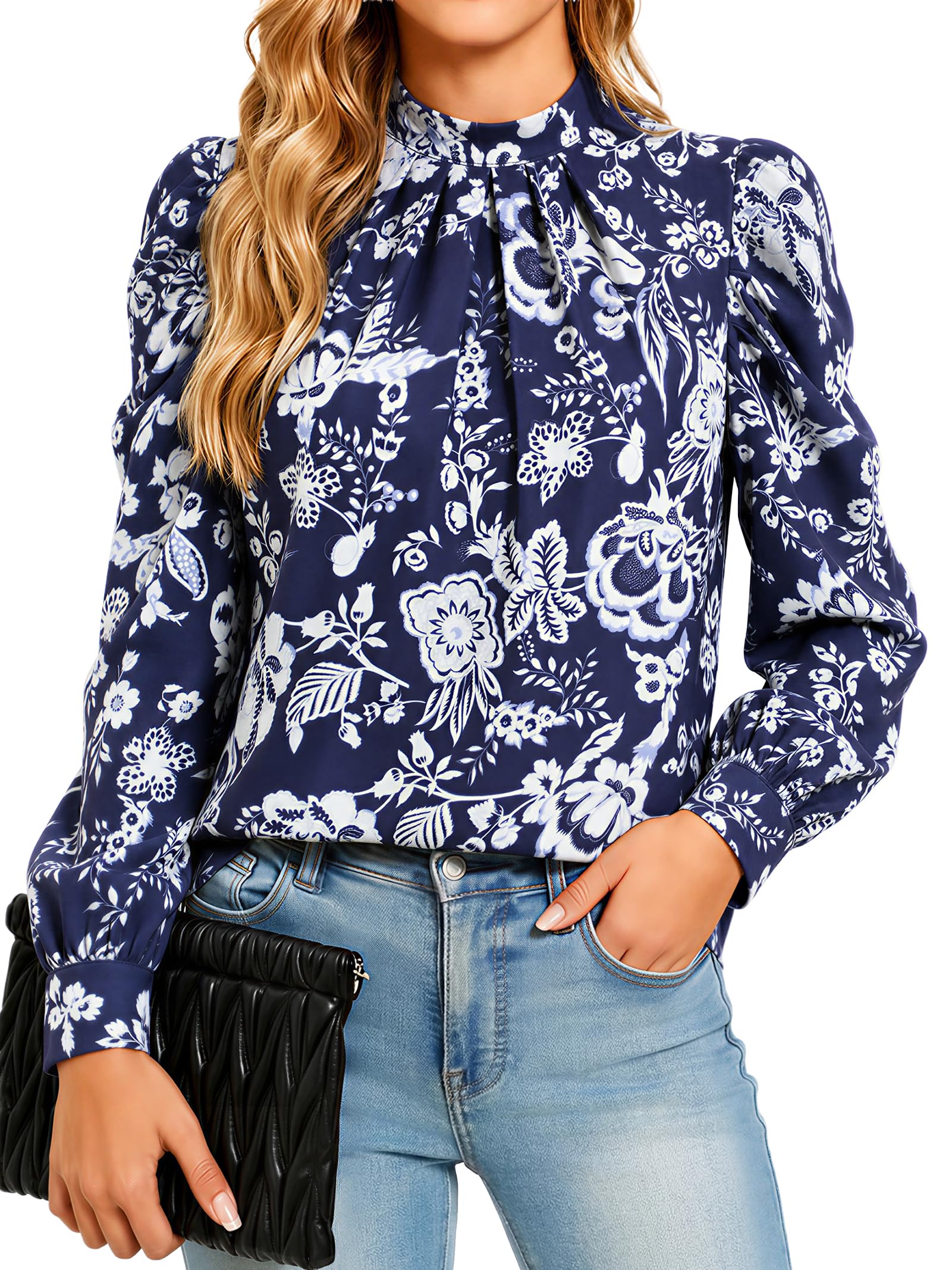 Funlingo Women Puff Long Sleeve Shirts Mock Neck Tops Dressy Casual Blouses