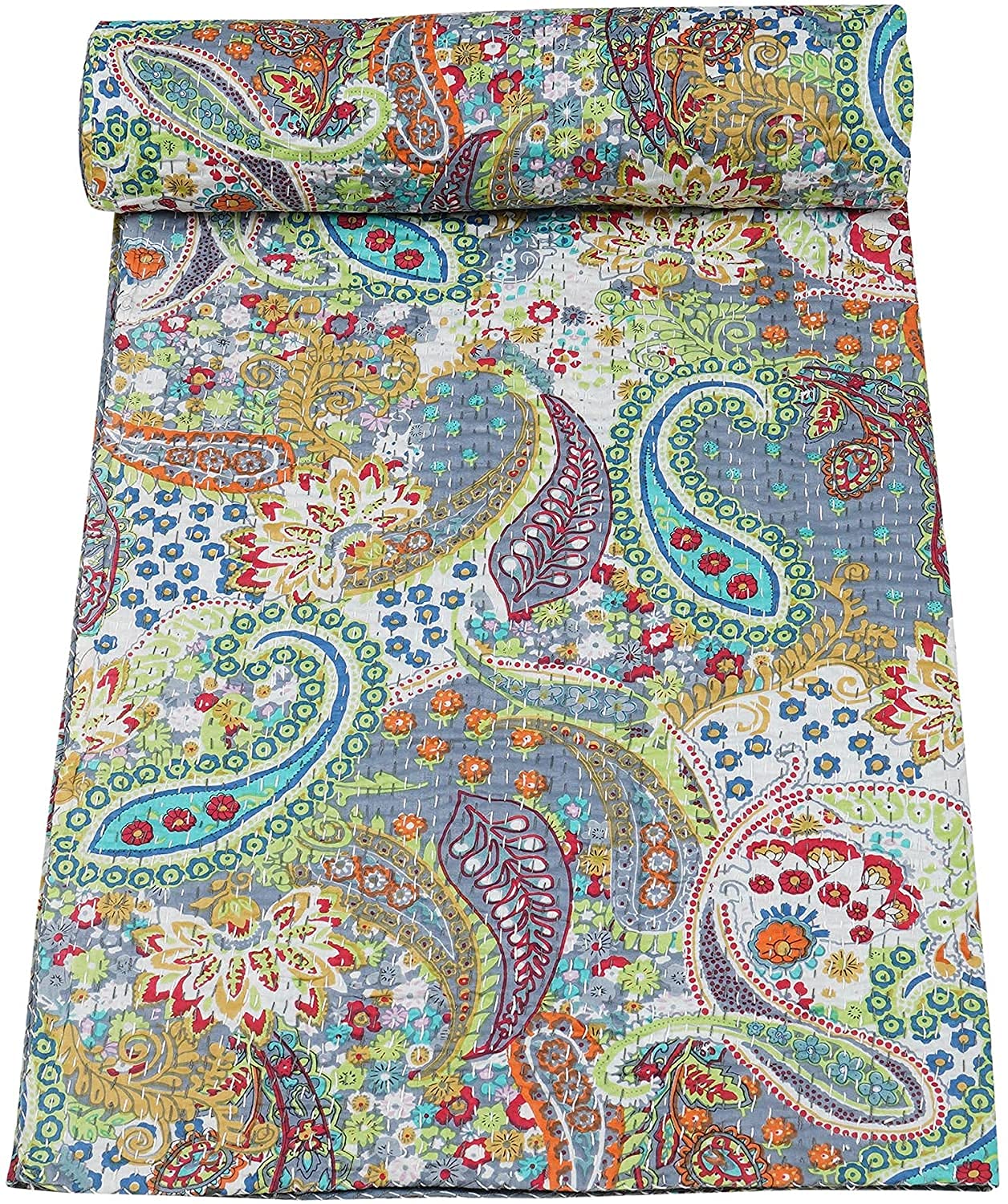 Radhykrishnafashions Indian Queen/Twin Handmade Paisley Print Kantha Quilt Cotton Kantha Blanket Bed Cover Sofa Cover Kantha Bedspread Bohemian Bedding (Grey, Twin(60x90 Inch)), RKV233