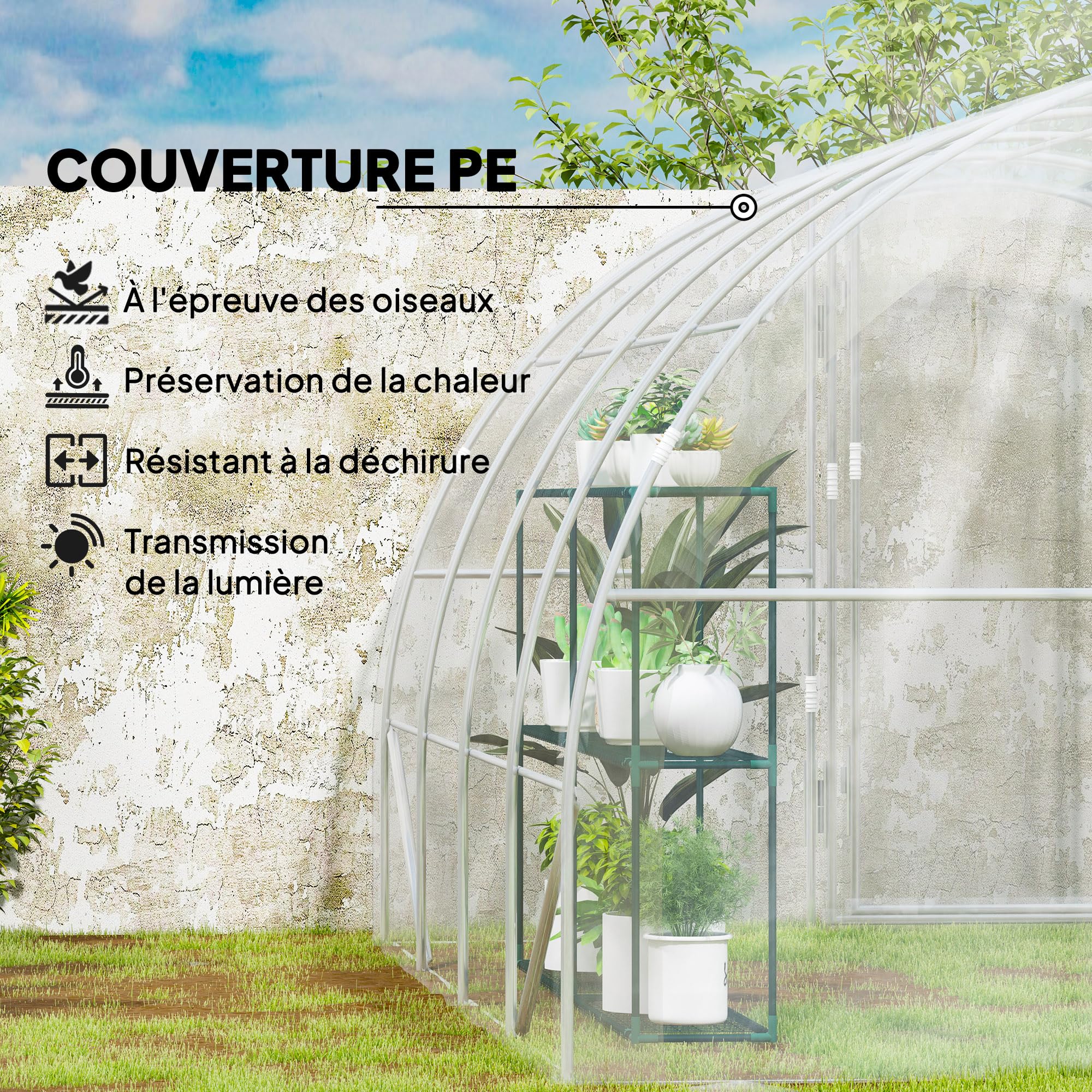 Outsunny Serre de Jardin Tunnel 4 x 3 x 2 m 12 m² Porte à charnières bâche PE 150 g/m²