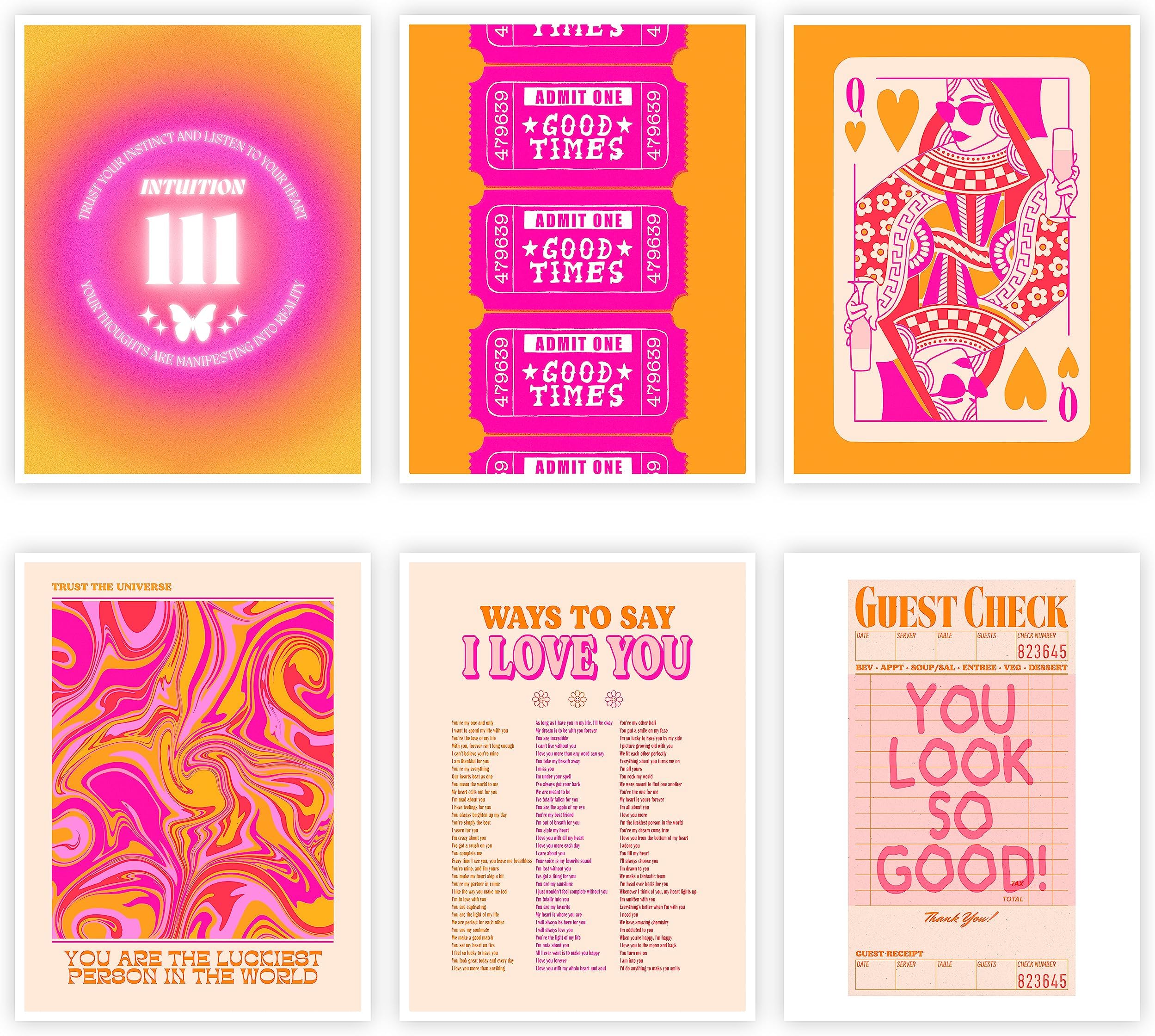 FKJHLD Funky Pink Canvas Wall Art Set of 6, Queen of Hearts Poker Aura Angel Numbers Room Aesthetic Poster Vintage Trendy Inspirational Quotes Preppy Wall Decor for Dorm Bar Bedroom 8x10in Unframed