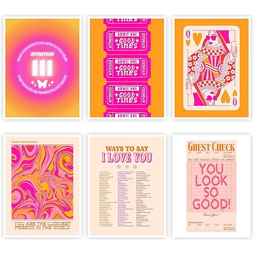 FKJHLD Funky Pink Canvas Wall Art Set of 6, Queen of Hearts Poker Aura Angel Numbers Room Aesthetic Poster Vintage Trendy Inspirational Quotes Preppy Wall Decor for Dorm Bar Bedroom 12x16in Unframed