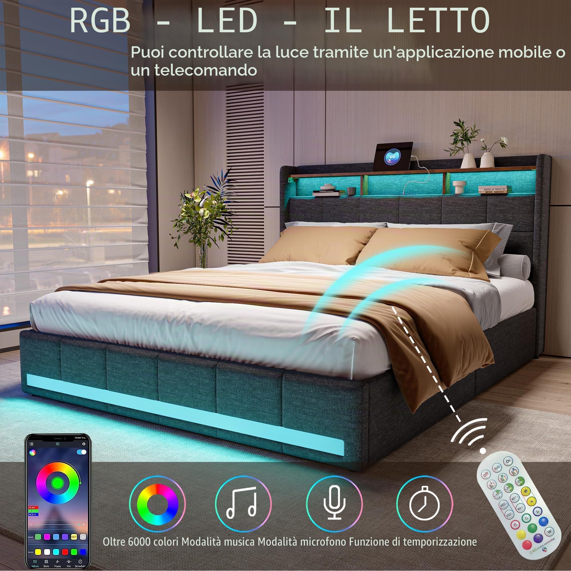 Telaio da letto 160 x 200 con rete, letto matrimoniale con illuminazione a LED e ricarica USB, imbottito con 4 cassetti, facile da montare, lino, senza materasso, grigio