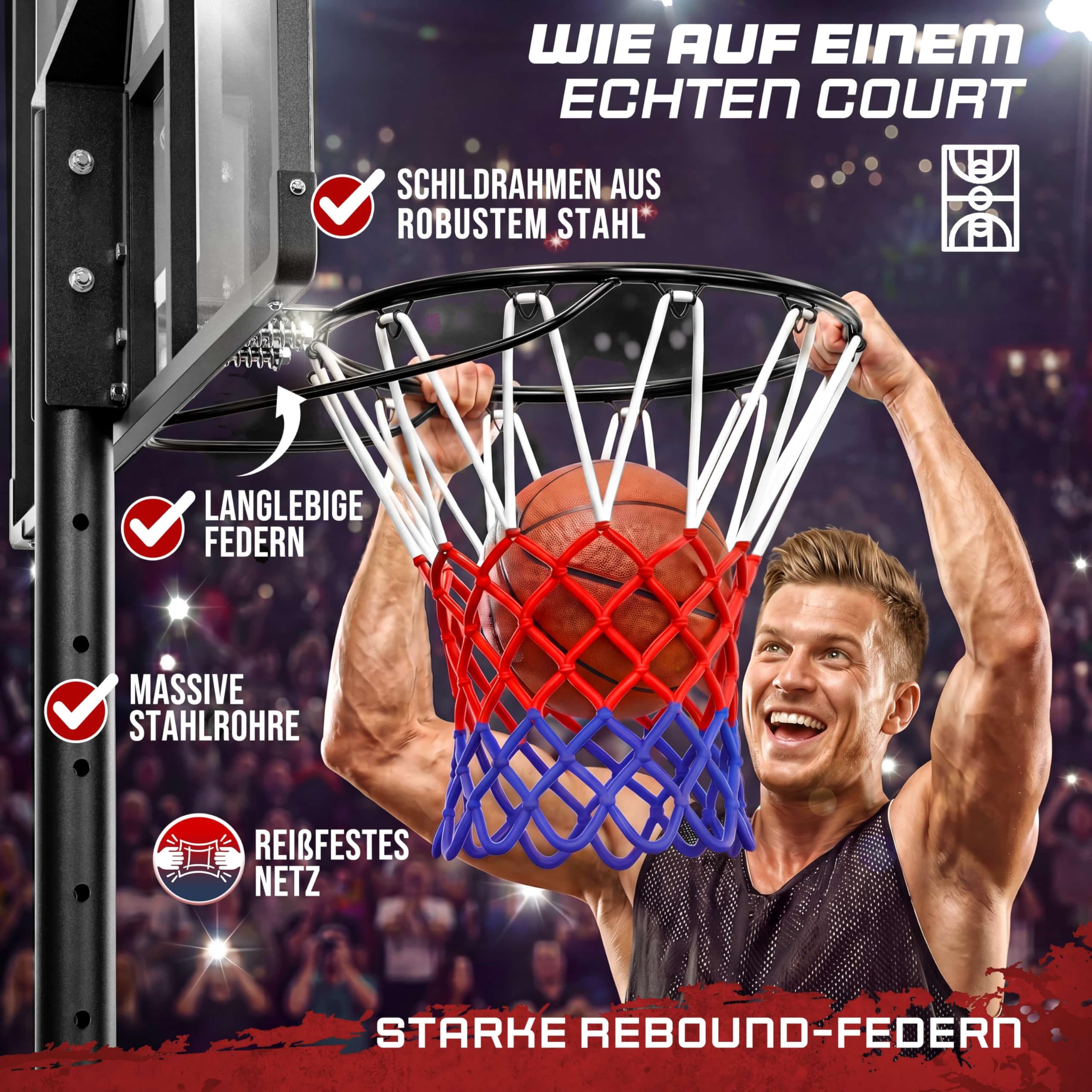 Canestro Basket da Esterno Regolabile 135–305cm Base Riempibile 60 kg Canestro per Pallacanestro con Ruote Struttura Stabile Resistente alle Intemperie Anello Ø45 cm per Bambini e Adulti