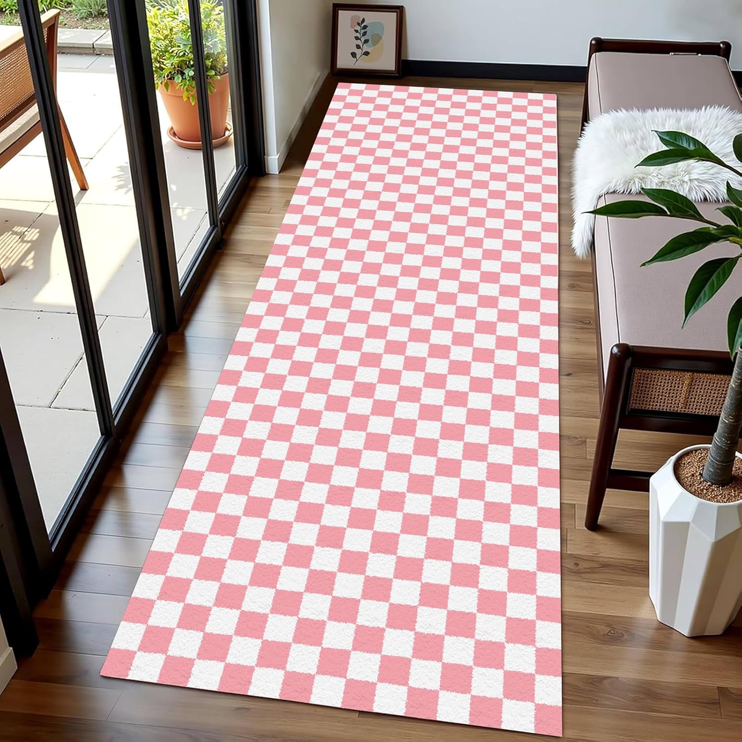 1.3x7 ft Pink Checkered Rug Runner, Washable Non-Slip Soft Low Pile Indoor Carpet for Hallway, Bedroom, Bath Mat, Nursery, Kids Room, Playroom